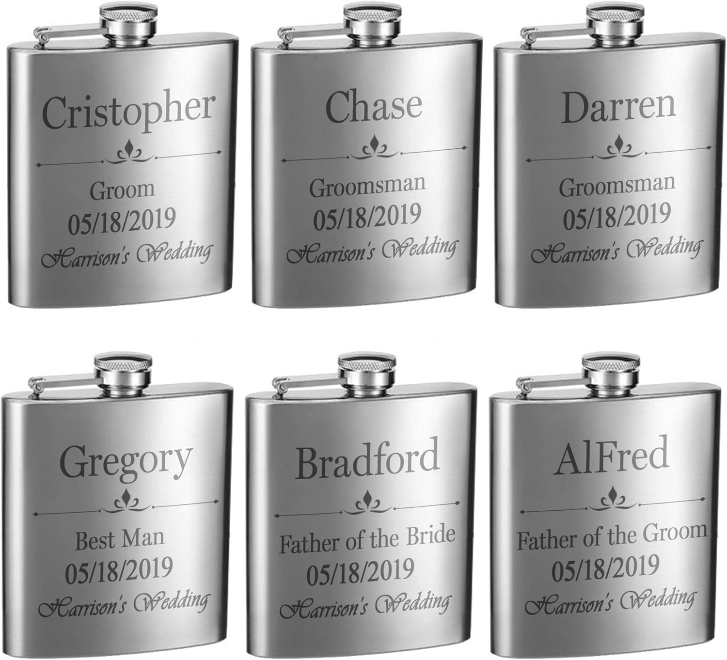 Top Shelf Flasks 6oz Custom Wedding 6 Pack Hip Flask