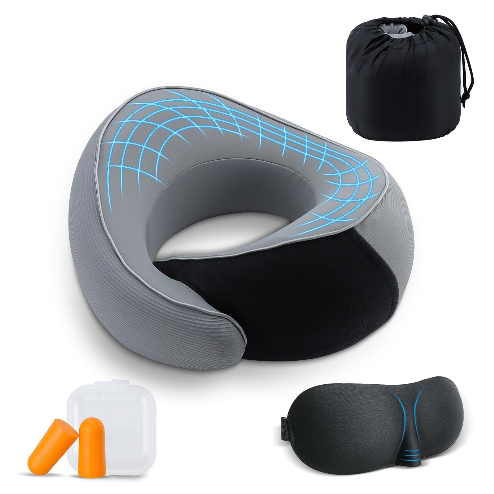 Feelhap Oreiller De Voyage En Mousse à Mémoire De Forme - Coussin Cervical Avion Avec Masque Et Bouchons D’Oreilles (Gris)
