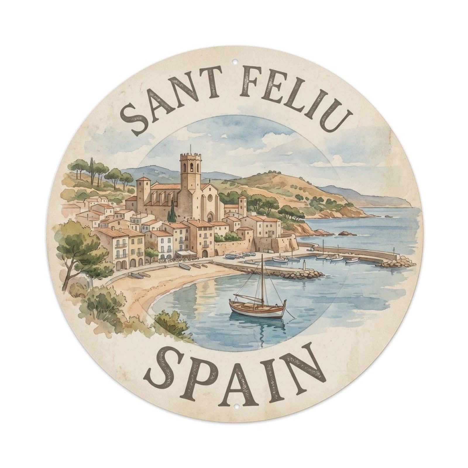 Costa Brava Sant Feliu Spain Watercolor Heritage Metal Tin Sign