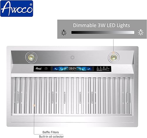 Miniatura 4 de Awoco Campana extractora de acero inoxidable integrada de 30 pulgadas, campana de cocina con ventilador de escape de 4 velocidades, voz, gesto,