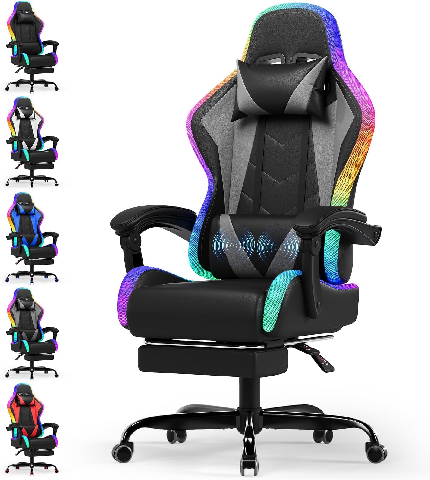 Devoko LED Gaming Chair with Footrest – Ergonomic Reclining Game Chair for Adults with Massage Lumbar Cushion, RGB Lights, High Back, Adjustable PC Gamer Chair, Grey