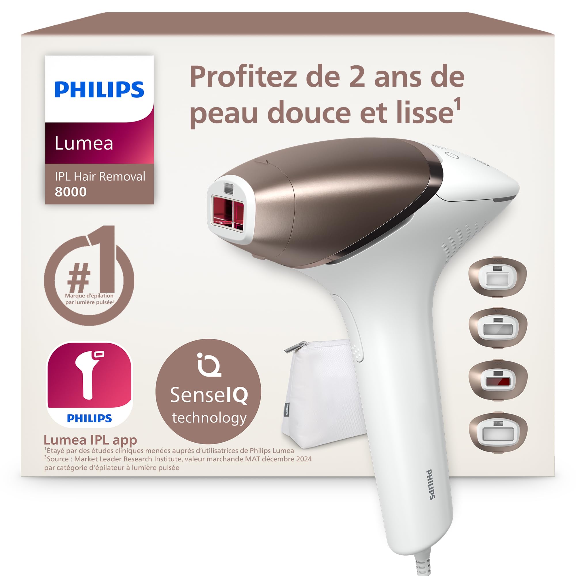 Philips Lumea série 8000, Épilateur à lumière pulsée, alternative à l'épilation laser, technologie SenseIQ, 4 accessoires pour le corps, le visage, le maillot et les aisselles, modèle BRI948/00
