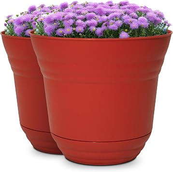 Headwind Traverse Planters 10" 2 Pack Plastic Plant Pot in Brick Red - Indoor & Outdoor Pots for Plants with Drainage - Decorative Plant Pot, Flower Pots Outdoor for Garden by Robert Allen