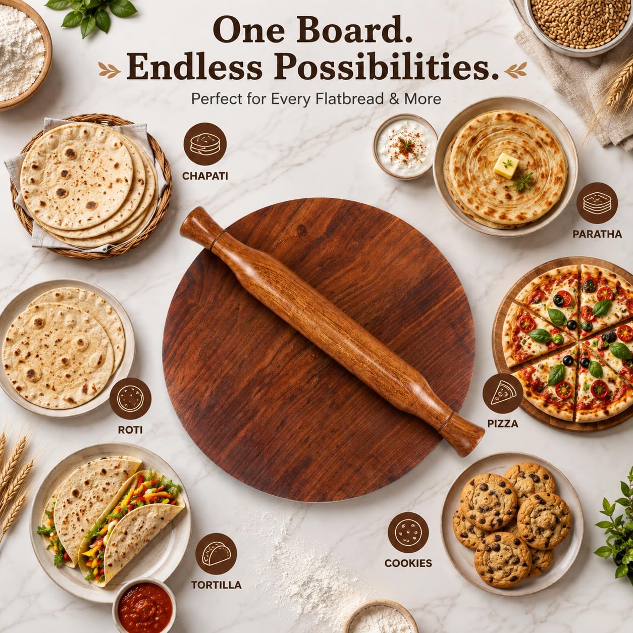 CRAFTONE Holz Chakla Belan Set 10 Zoll - Rundes Holz Nudelbrett mit Nudelholz Perfekt für die Herstellung von Chapati, Roti, Paratha, Pizzateig, Tortilla, Kuchenkruste, Gebäck, Kekse & Fladenbrot
