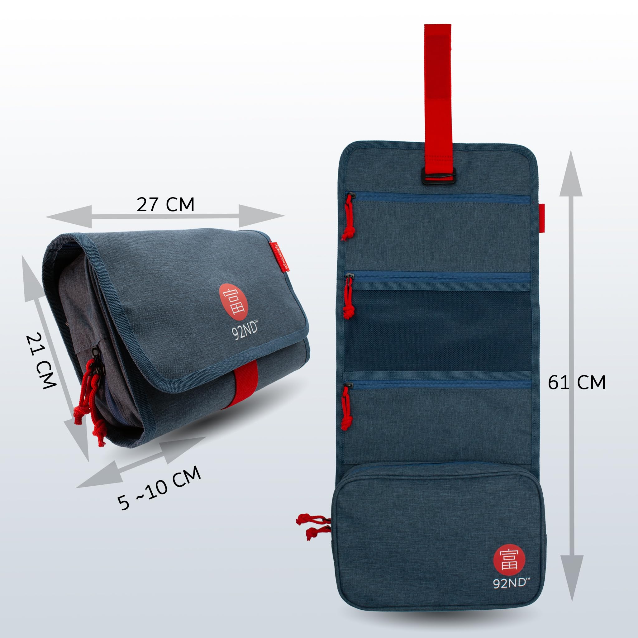 92ND.Supply Washroll - Sac de toilette suspendu - Imperméable - 4 L - Avec crochet et compartiment inférieur amovible - Voyage & quotidien - Bleu