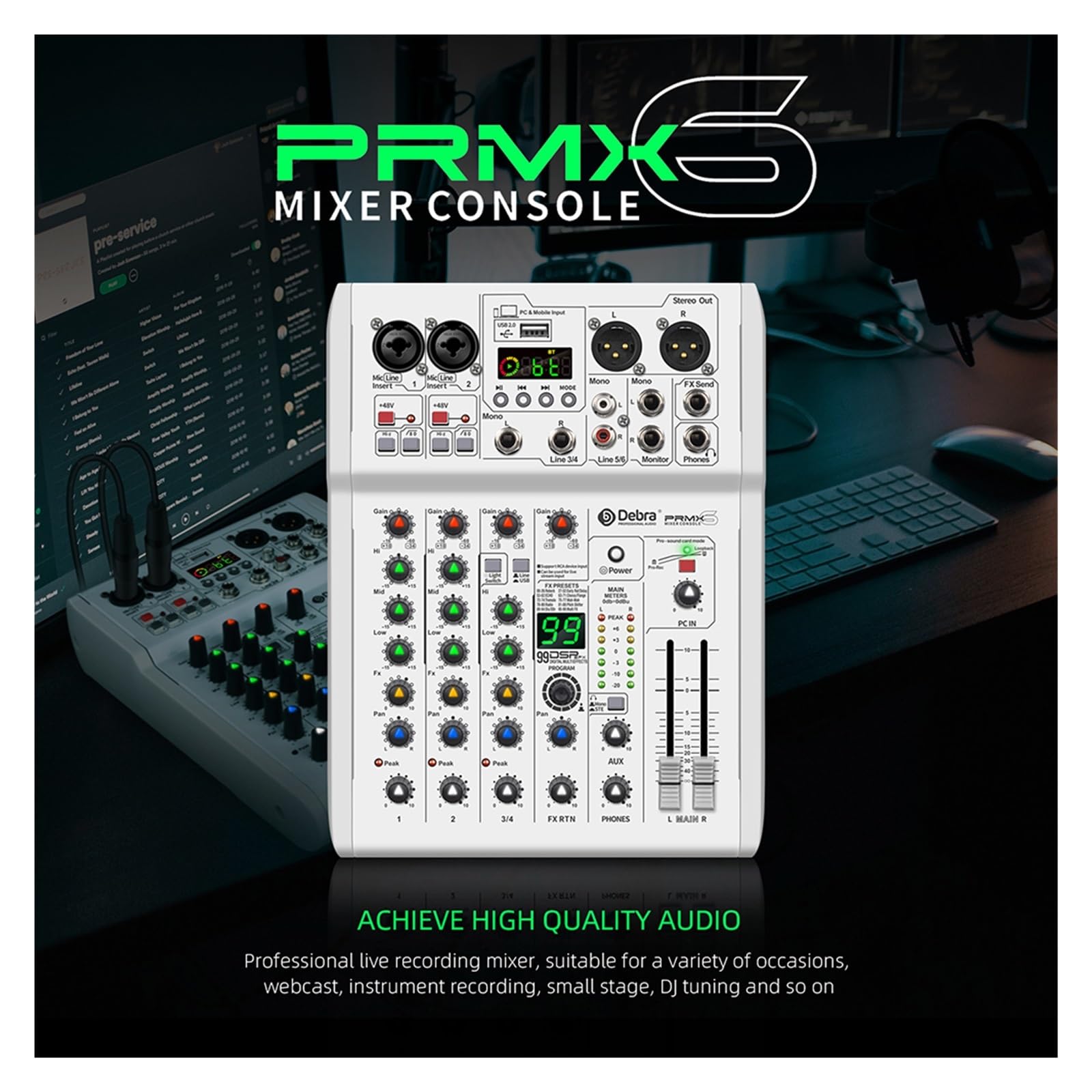 Mikser DJ-ski, DJ Console Mikser 99 Efekty DSP Konsola miksująca PRMX-6 z 5.0 BT 24bit/192k Do nagrywania instrumentów muzycznych
