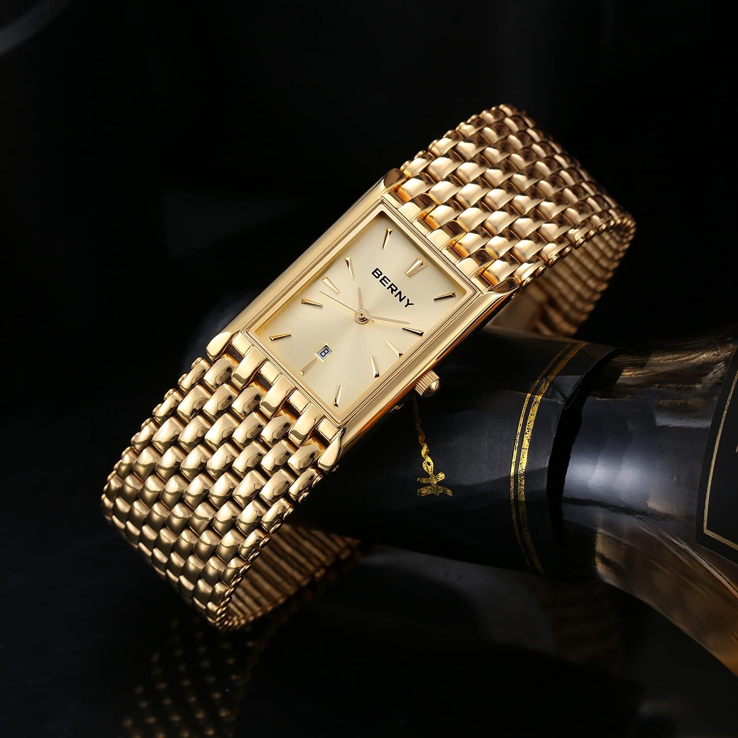 BERNY Gold Watches for Men with Date Window Japanese Quartz Movement Waterproof Men's Wrist Watches Luxury Casual Fashion Mens Watch