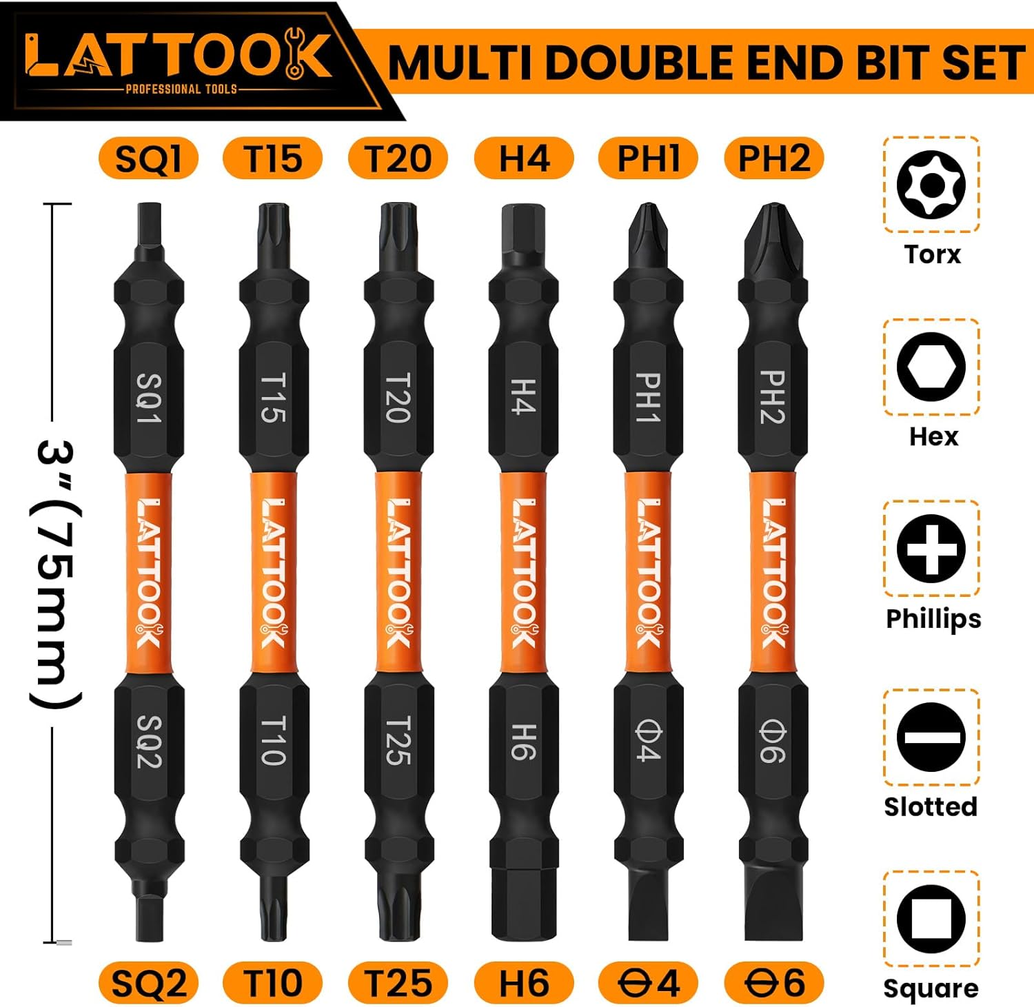 6-Pieces Multi-bit Screw Drivers, LATTOOK Double-Ended Bits with Magnetic, Impact-Rated Screwdriver Bits for Hex/Torx/Phillips/Slotted/Square, H4, H6, T10, T15, T20, T25, PH2, PH1, SL4, SL6, SQ1, SQ2