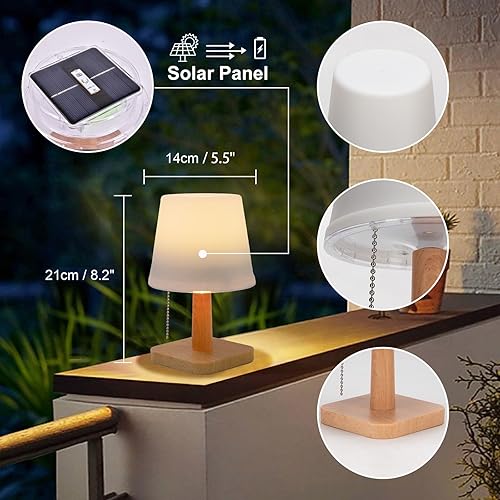 Miniatura 3 de pearlstar Lámpara de mesa solar para exteriores, paquete de 2 lámparas LED impermeables inalámbricas de escritorio con cadena de tracción, 2 modos