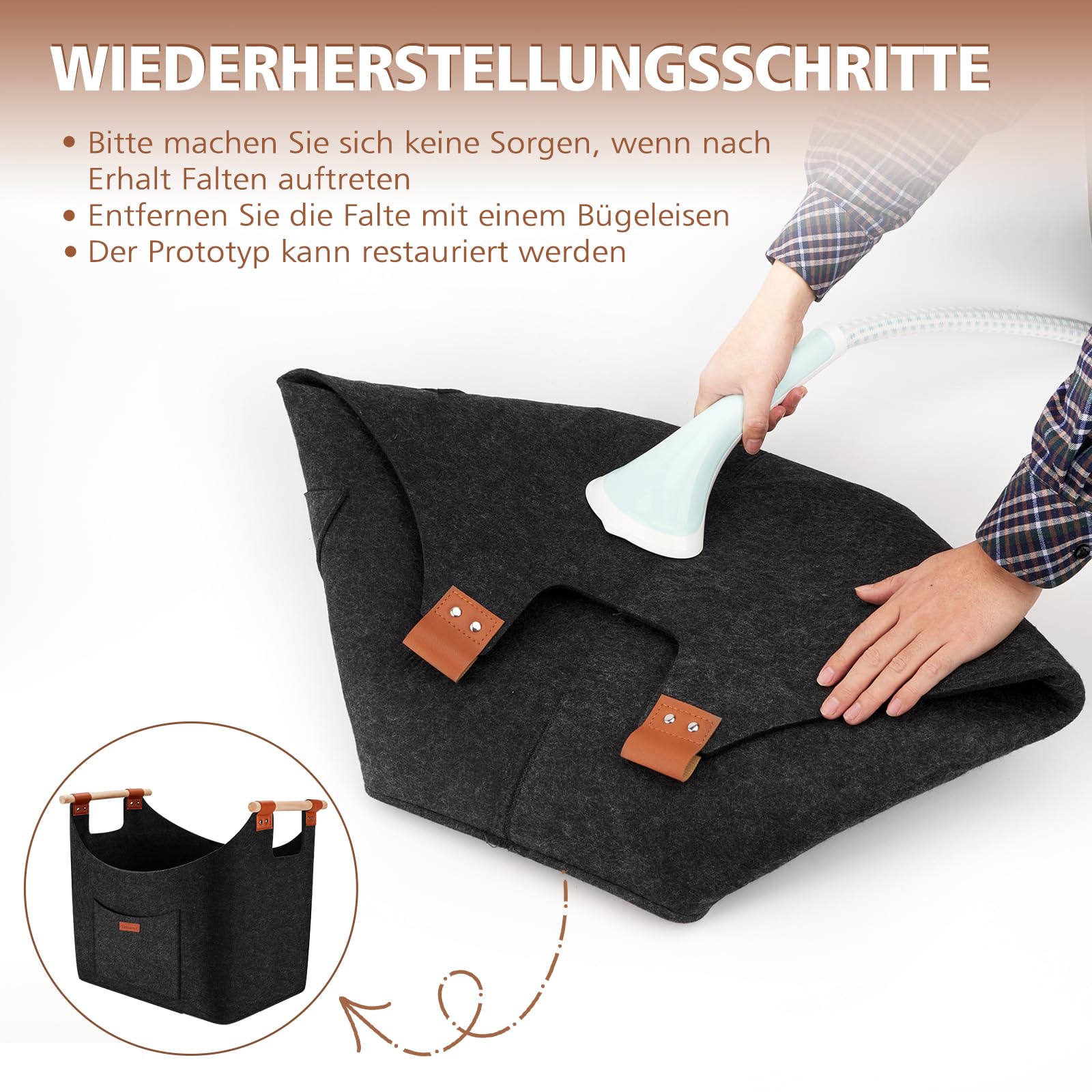 Cestino Per Legna In Feltro - XL Pieghevole, Con Manici In Legno, Capacità 50 Litri, Grigio - Foto 2