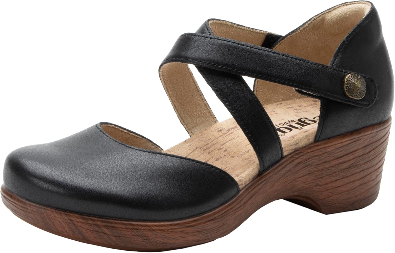 Alegria Womens Savina Leather Wedge - Stylish and Versatile Mary Jane for Endless Support - Enhanced Arch Slip Resistant Platform Ankle Cross Strap Heel for Professionals