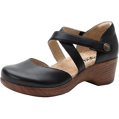 Alegria Womens Savina Leather Wedge - Stylish and Versatile Mary Jane for Endless Support - Enhanced Arch Slip Resistant Platform Ankle Cross Strap Heel for Professionals