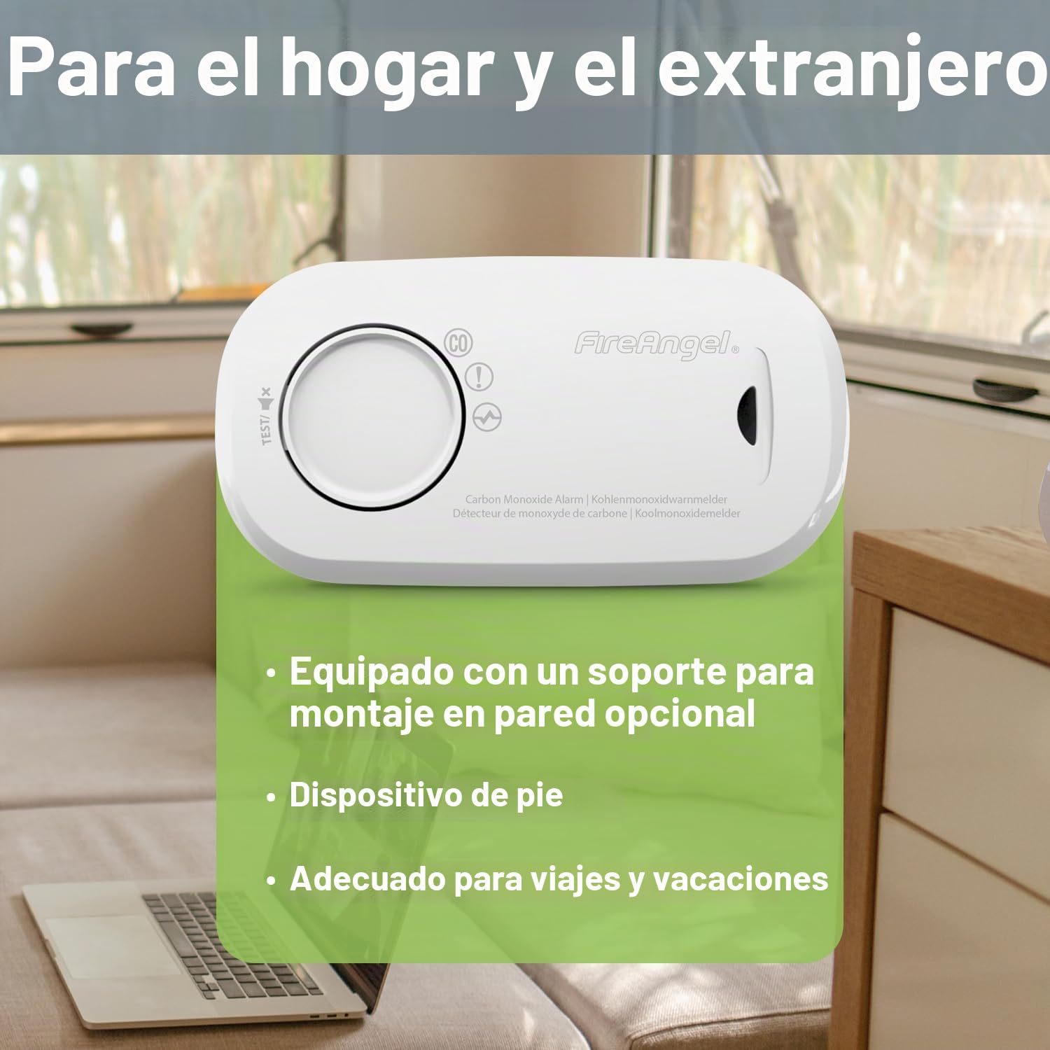 FireAngel Detector de Monóxido de Carbono con Sensor – Alarma de CO Portátil para Hogar y Vacaciones - Monitorea Monóxido Carbono - FA3313, Blanco
