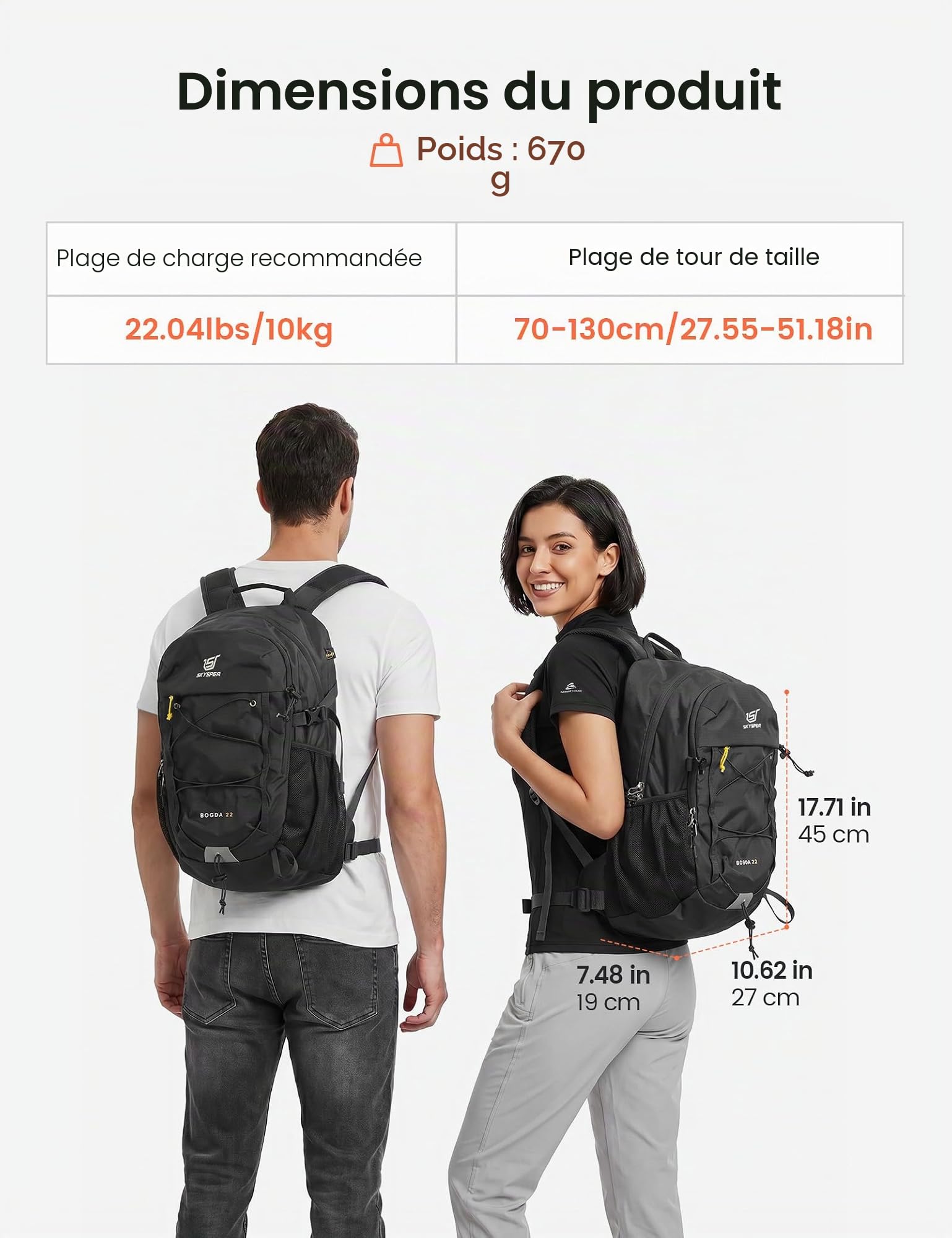 SKYSPER 22L Sac à Dos Randonnée Sac à Dos avec D'hydratation Dorsale | Sac à dos léger avec dos ventilé en maille respirante pour homme et femme randonnée, voyage, excursions d'une journée