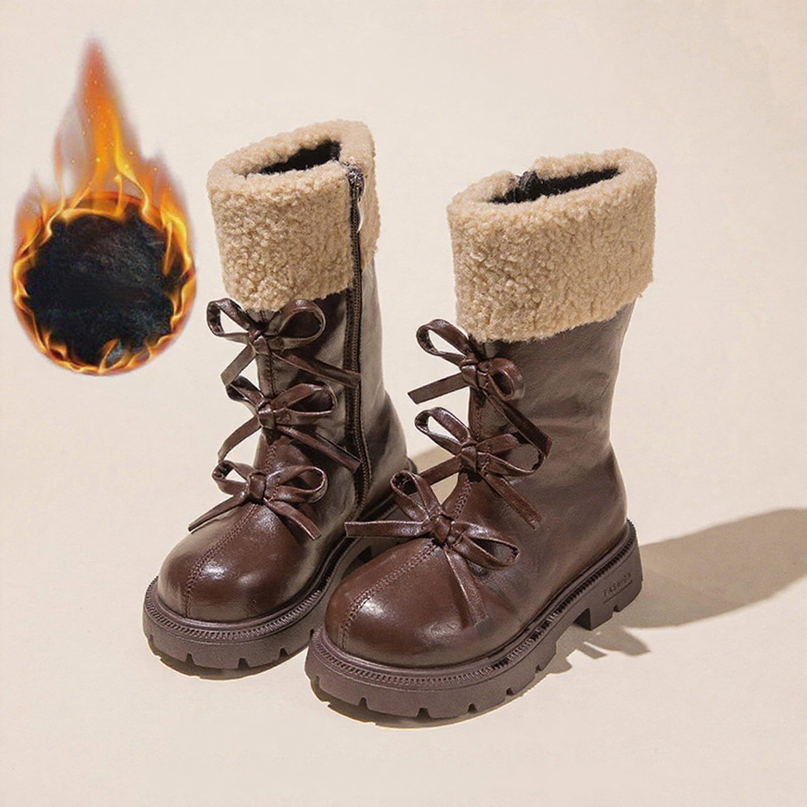 Botas de Nieve Otoño e Invierno para Niña Gruesas y Cálidas Botas Alta de Piel con Forro Polar con Lazos Bota de Media Caña con Cremallera Lateral Estilo Británico Botines Niña Plano para Uso Diario