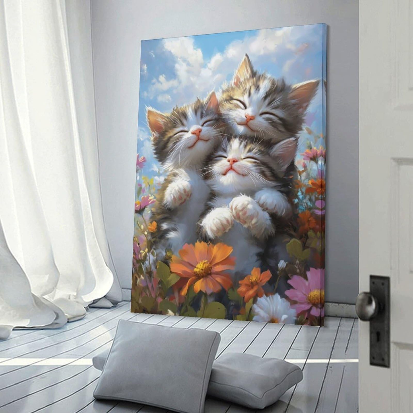 Junmoney Three Kittens in Flowers Home Decor Wall Art, 24x36inch(60x90cm), for Apartment Walls, Studios Or Work Areas, Wall Decor with Flexible Room Appeal