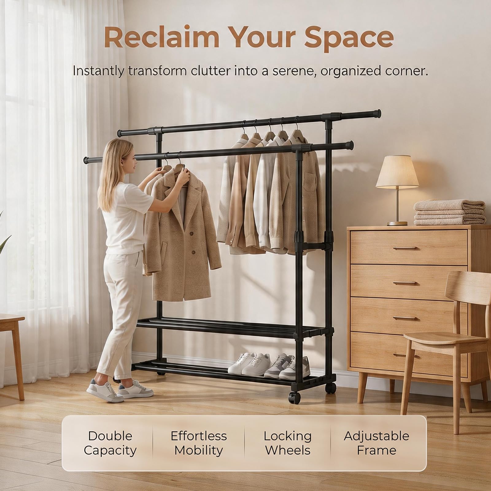 Appendiabiti da Terra con Ruote, Doppio Stand Appendiabiti Robusto in Metallo, Porta Abiti con 2 Ripiani per Scarpe Regolabile in Altezza per Camera da Letto Lavanderia Ingresso (90-150)x42x(95-155)cm