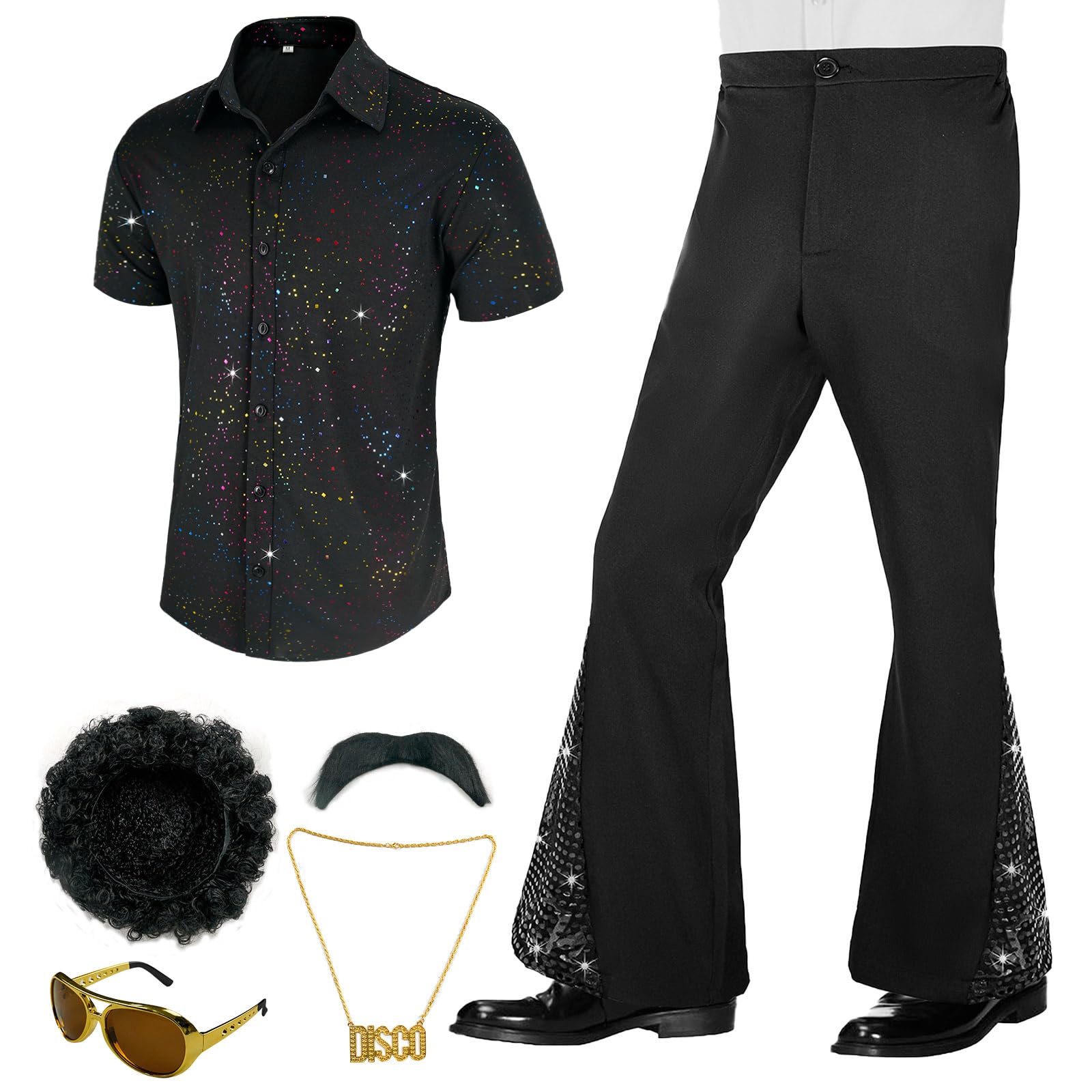 Mens 6Pcs 70s Disco Costume Outfits Short Sleeve