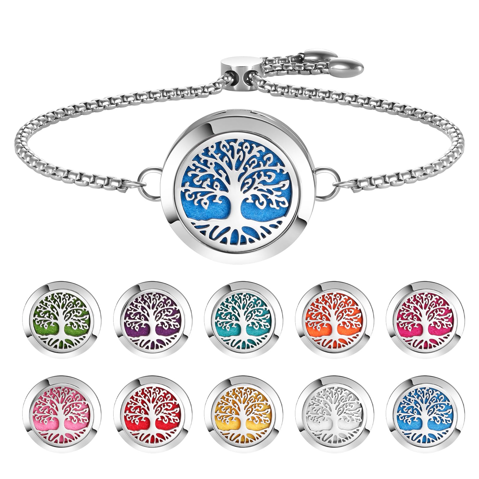 Aromatherapy Essential Oil Diffuser Bracelet, Tree of Life Pattern Locket Adjustable Link for Women Birthday Jewelry Gifts Trendy for Wife Mothers（Silver