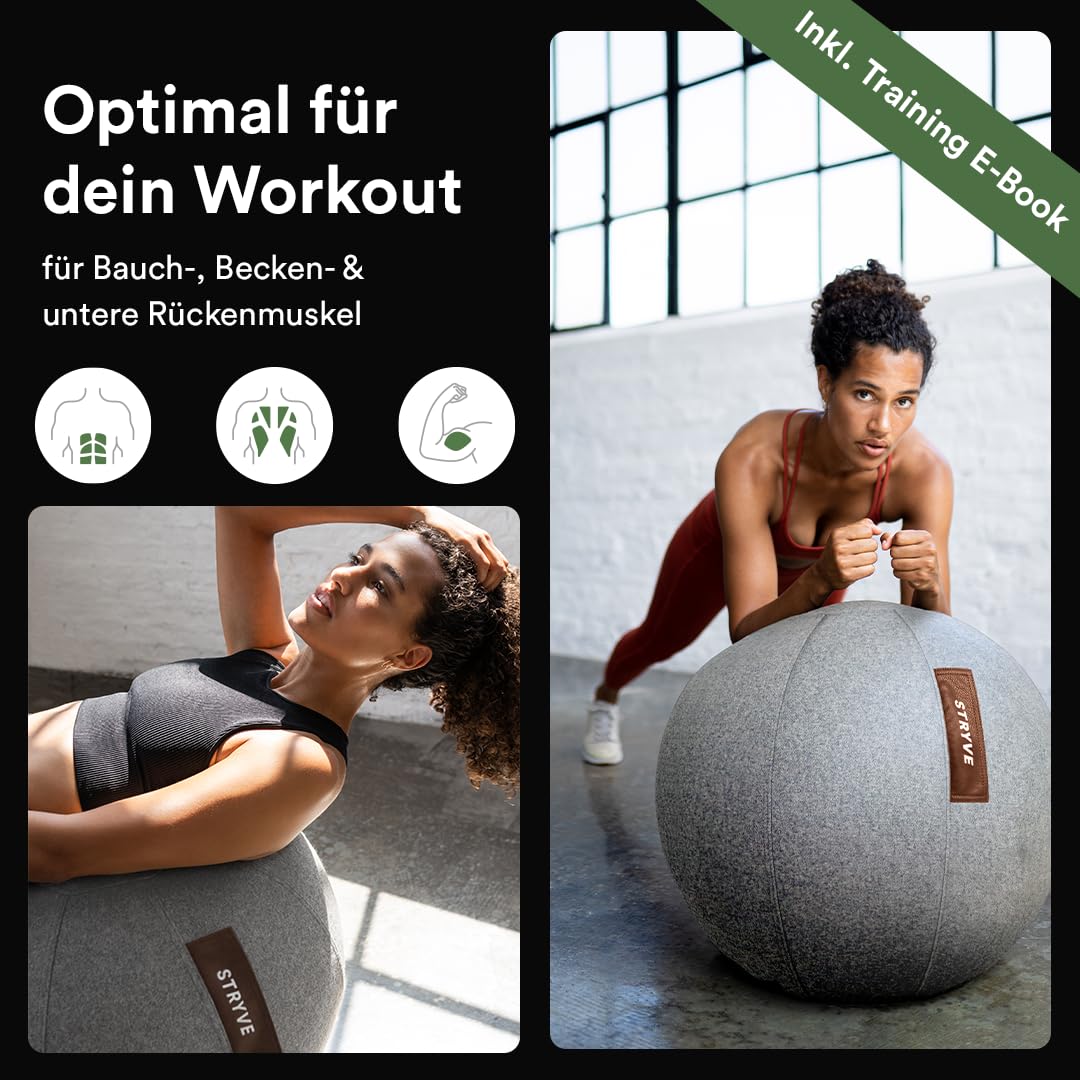 STRYVE Sitzball Büro 65,70cm - 100% Merinowolle - Ergonomischer Gymnastikball mit waschbarem Bezug und Wegrollschutz, inkl. Luftpumpe - Bis 150kg - Als Bürostuhl, Hocker (Wollfilz Light Grey, 65cm)