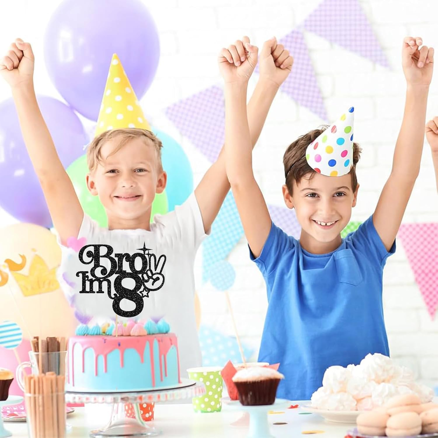 Gyufise 1Pc Brother I'm 8 Cake Topper Glitter Happy 8th Birthday Cake Pick Bro I'm 8 Cake Decoration It's My 8th Birthday Decorations for Boys Cheers to 8 Years Old Birthday Party Supplies Black - Image 6