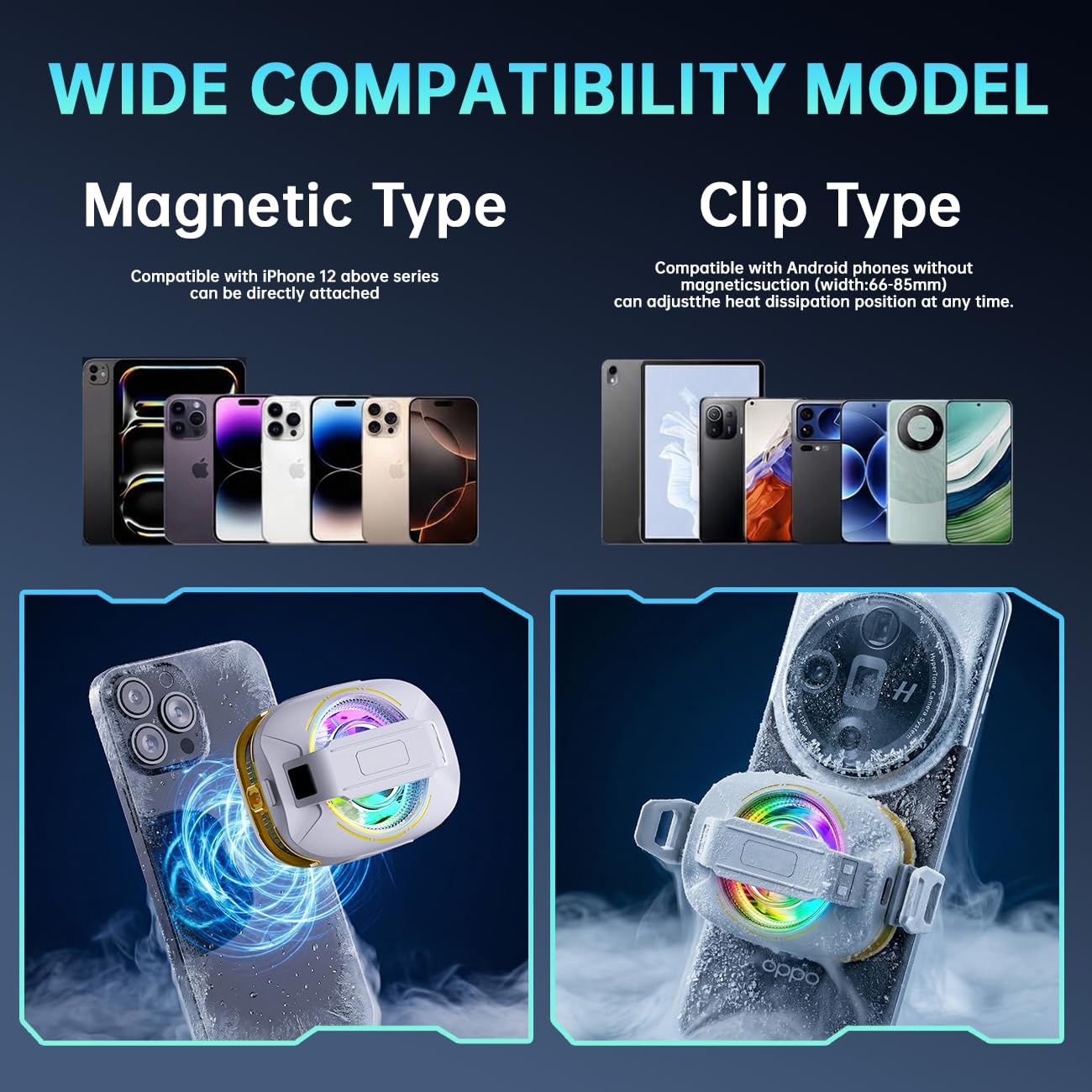 Ventola di raffreddamento magnetica ricaricabile silenziosa con luci RGB, radiatore a semiconduttore per iPhone e Android, radiatore a basso rumore per telefono TikTok Live