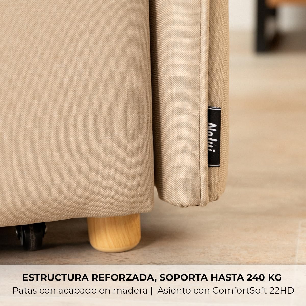 Nalui- Sofa Cama 2 plazas 3 en 1 Nest 2 139x100x80cm con Respaldo Ajustable y 2 Almohadas. Sofa Cama Chaise Longue, Soporta hasta 240Kg. Sofa 2 Plazas Convertible en Cama 120x190cm, Beige