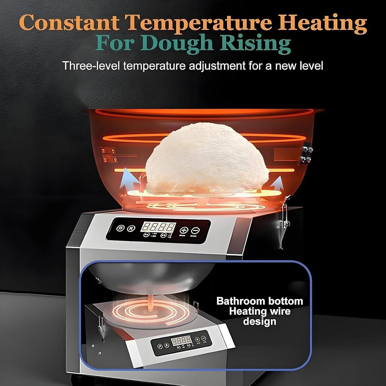 Mezclador de masa comercial con calefacción y fermentación, acero inoxidable, pantalla LCD, temporizador, amasadora para panadería