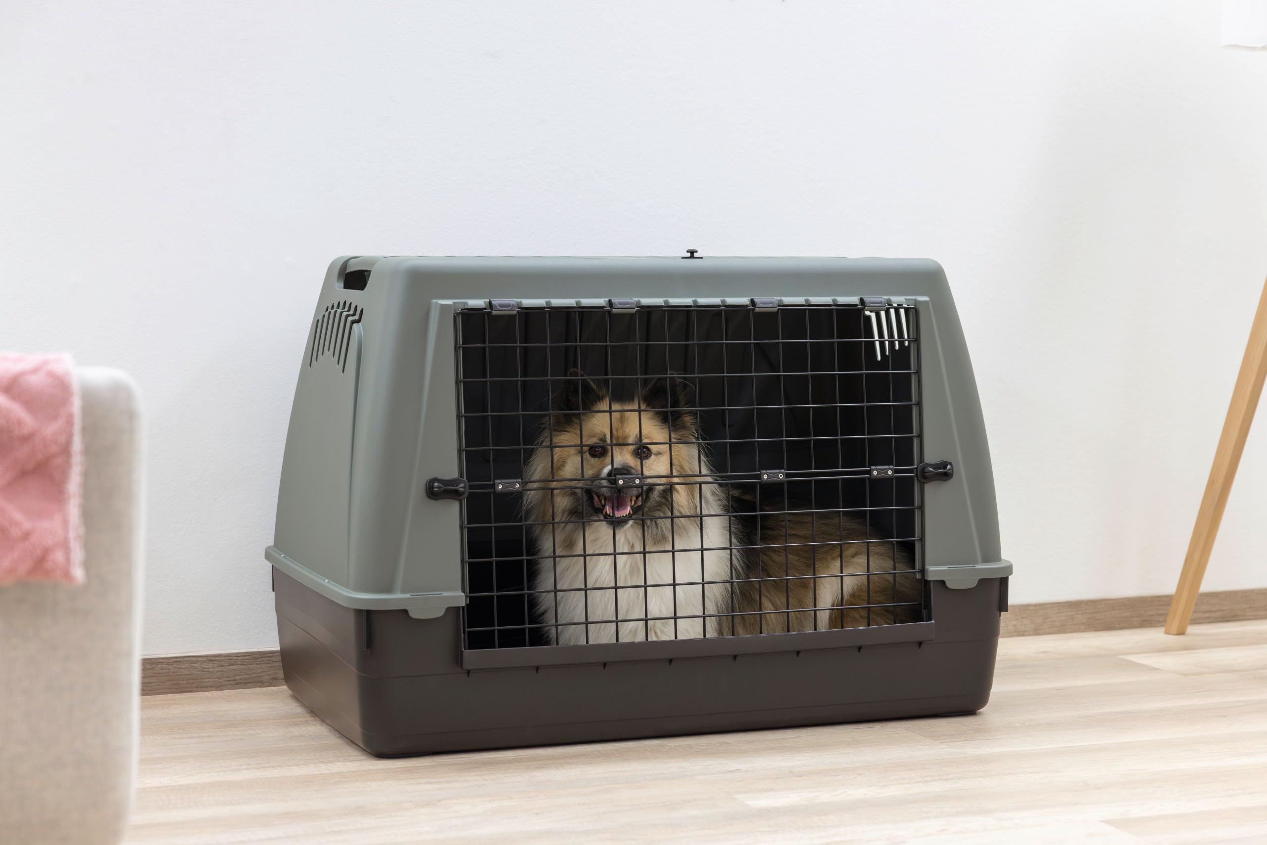 Transportbox Bracco, Hundetransportbox, Hundebox, für große Hunde, recycelter Kunststoff, 100 x 60 x 65 cm, max. 35 kg, Kofferraum geeignet, seitliche Lüftung
