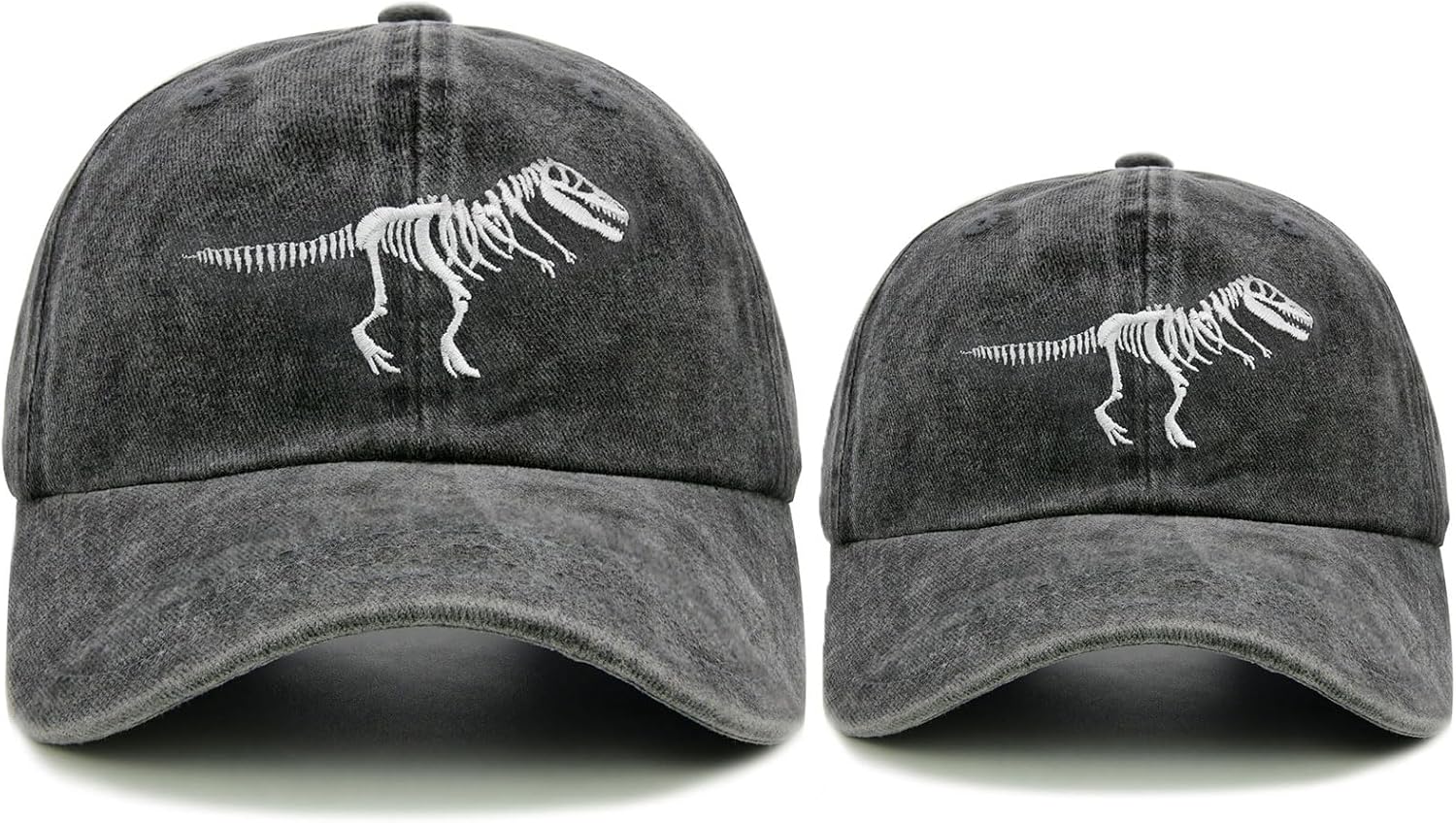 2 Pack Dinosaur Hats, Embroidered Skull Dino Adjustable Baseball Caps for Kids (3-11) & Adults