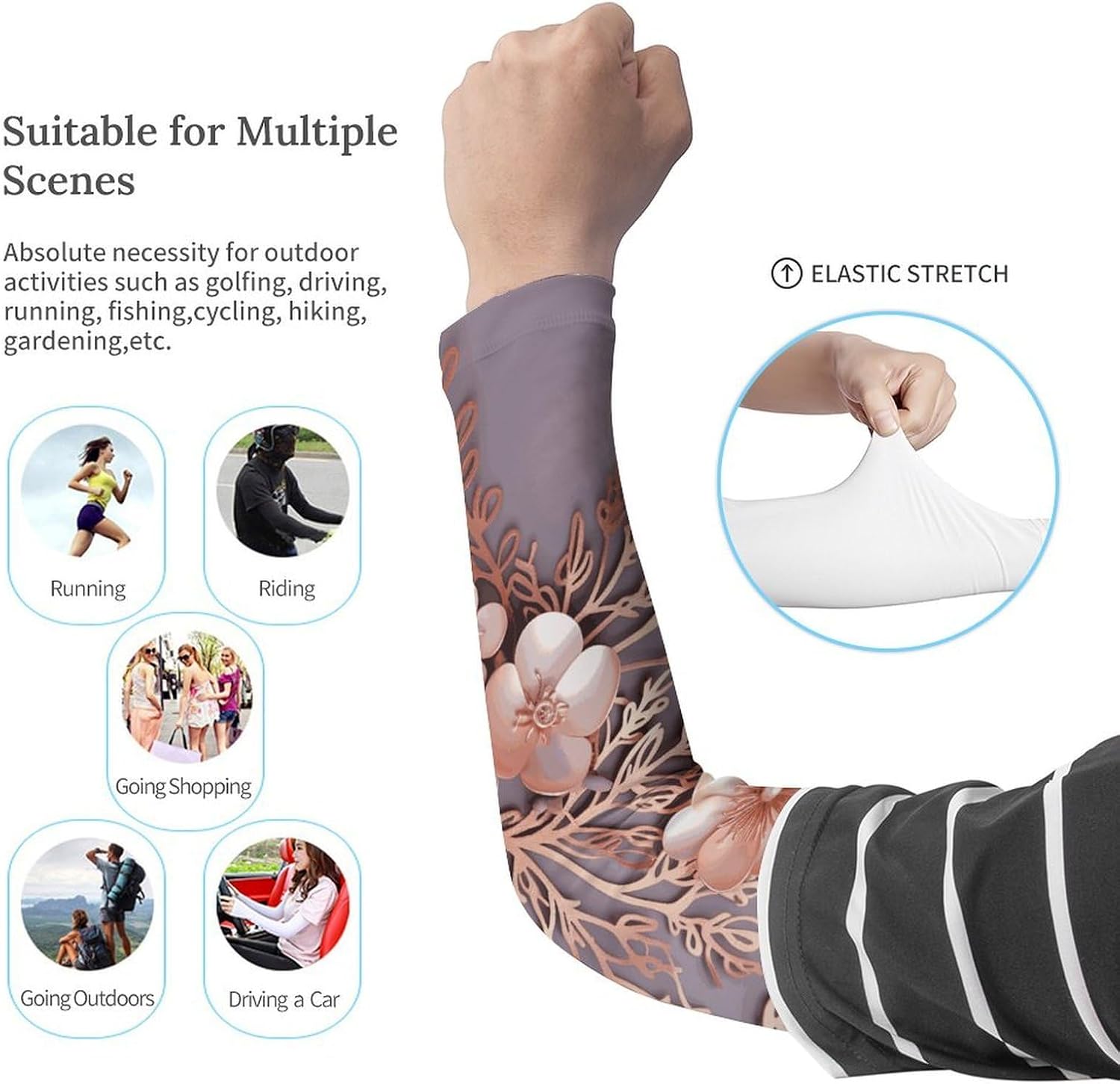 Elegant Decorative Floral Arm Sleeves for Men Women Sun Protection Sleeves Cooling Compression Arm Covers for Sport