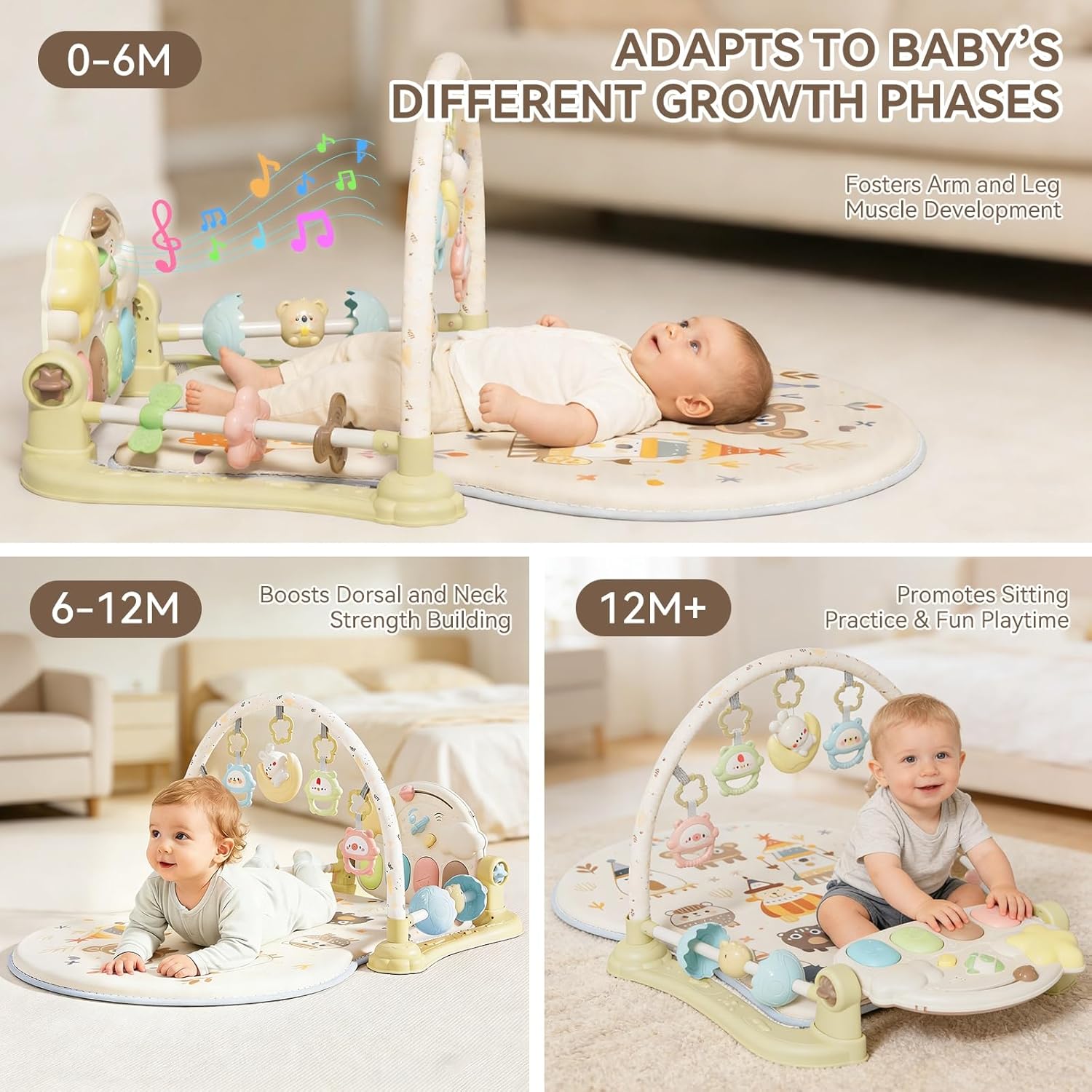 Baby Play Gym Mat - Funny Play Piano Activity Playmat with 5 Infant Learning Detachable Toys for Sensory Development, Music and Lights Tummy Time Mat Newborns Gifts for 0-12 Months