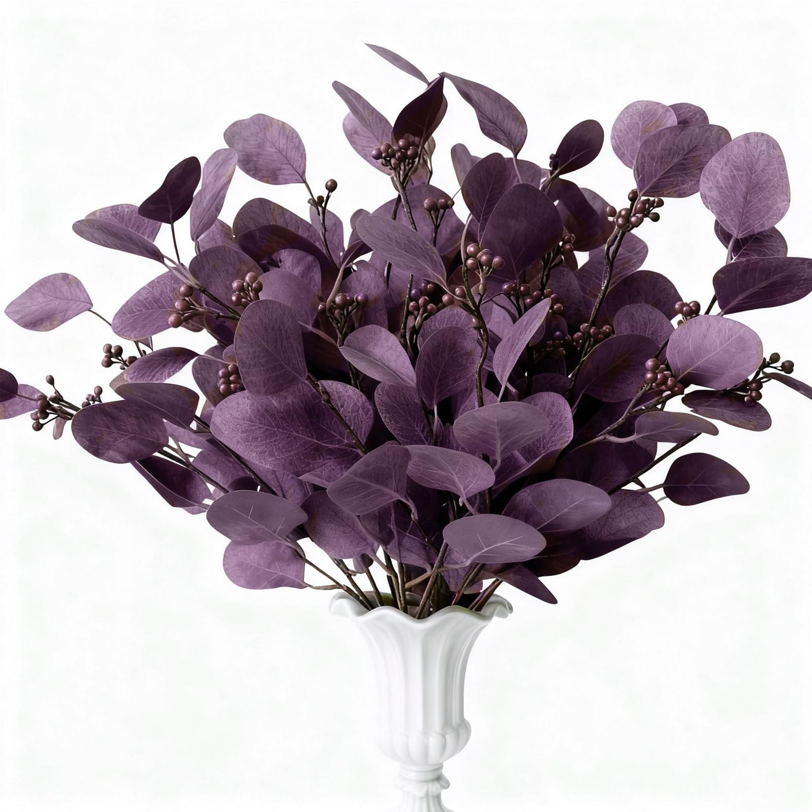 Eucalyptus Stems Leaves Artificial Flowers Long Silver Dollar Leaves Faux Bouquets Branches Decoration for Home Flower Arrangement Wedding Table Festival Farmhouse Party Halloween Deco (Dark purple)