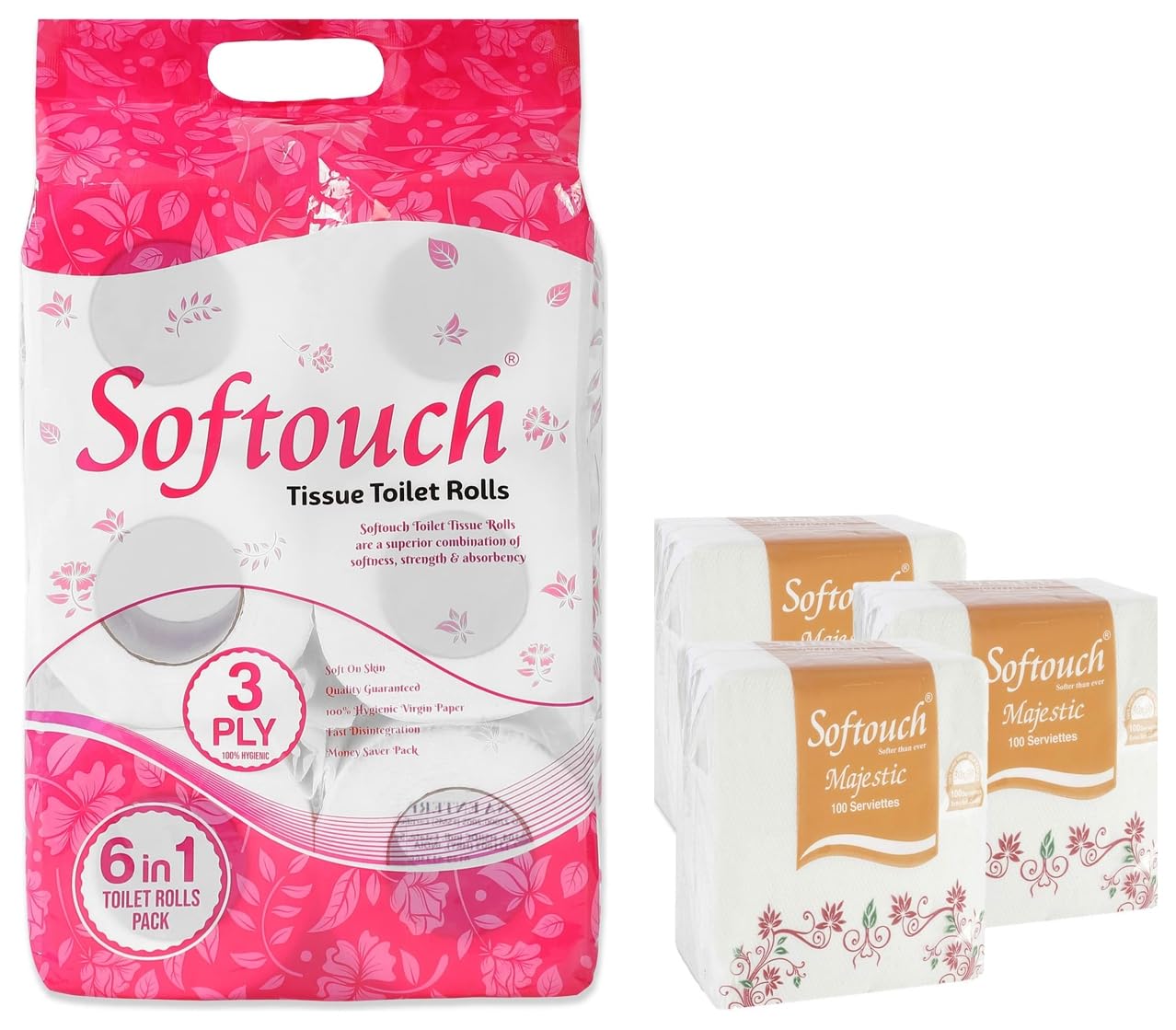 Softouch 3 Ply Toilet Paper Tissue Roll Family Pack 6-in-1 (160 Sheets Per roll) & Softouch Tissue Paper Napkins 100 pcs. Each- Set of 3 (Multicolour) (B0CDDP3LBJ) Amazon Price History, Amazon Price Tracker
