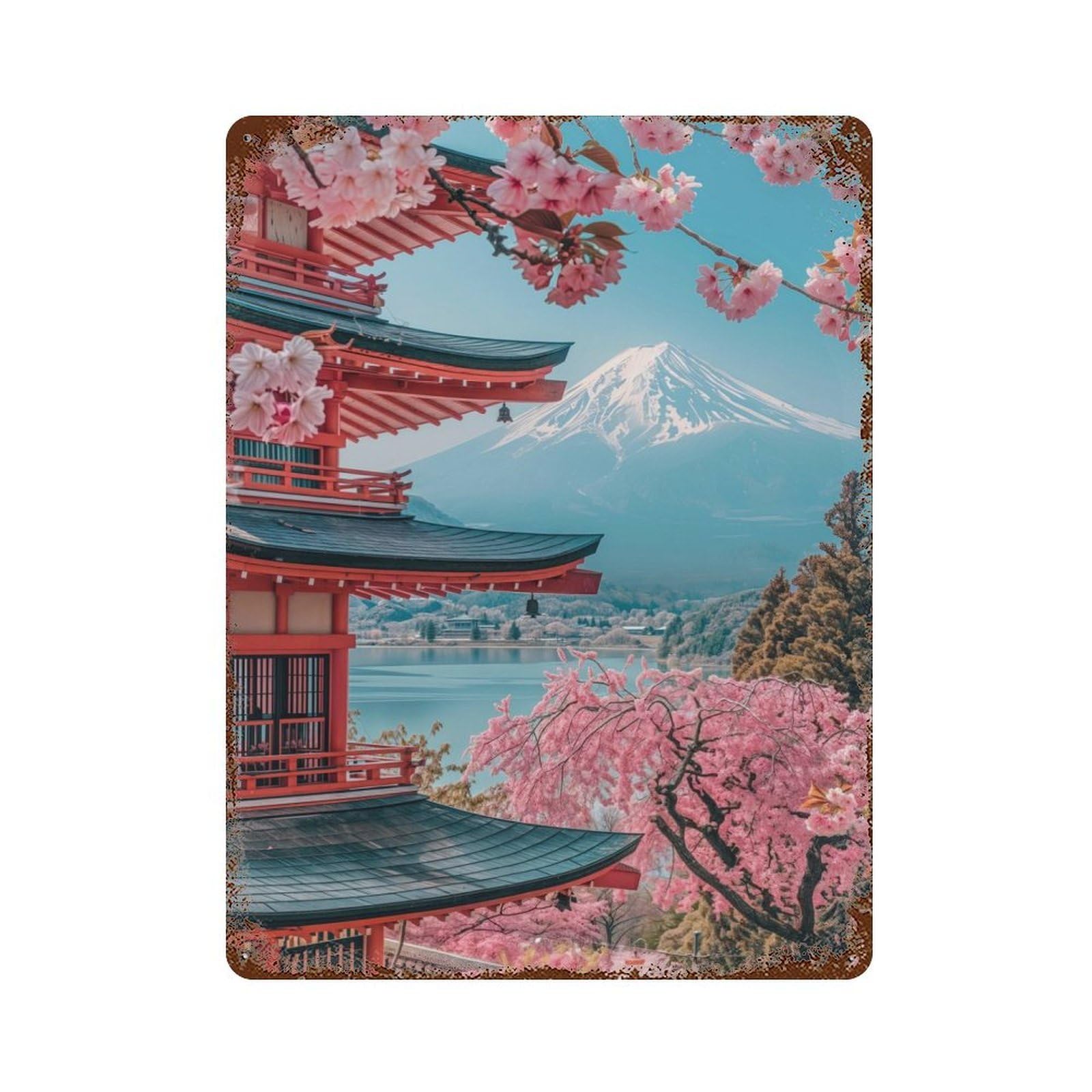 Japanese Sakura Temple Vintage Rust Metal Sign 15.7"x11.8", Classic Wall Plaque for Basement, Hobby Room And Garage Decor