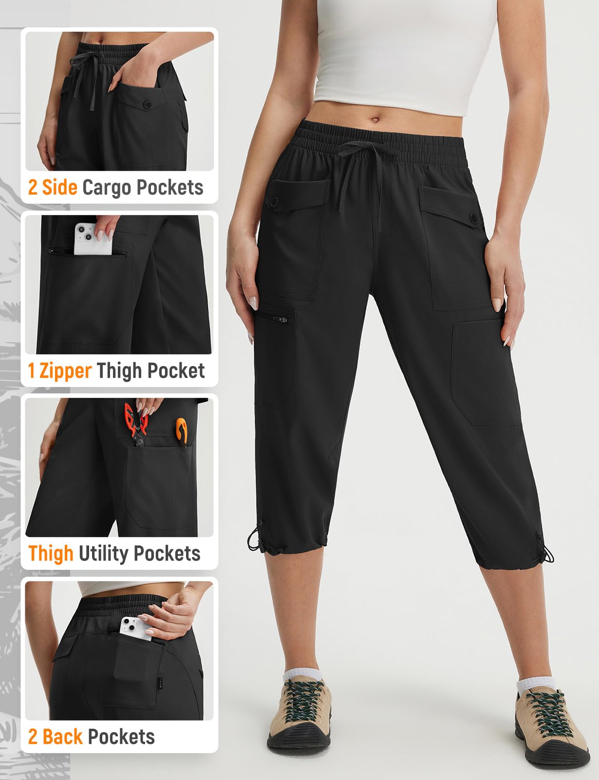baleaf Pantalones de senderismo para mujer, longitud hasta la rodilla, protección UV, pantalones cargo para exteriores, pantalones de verano