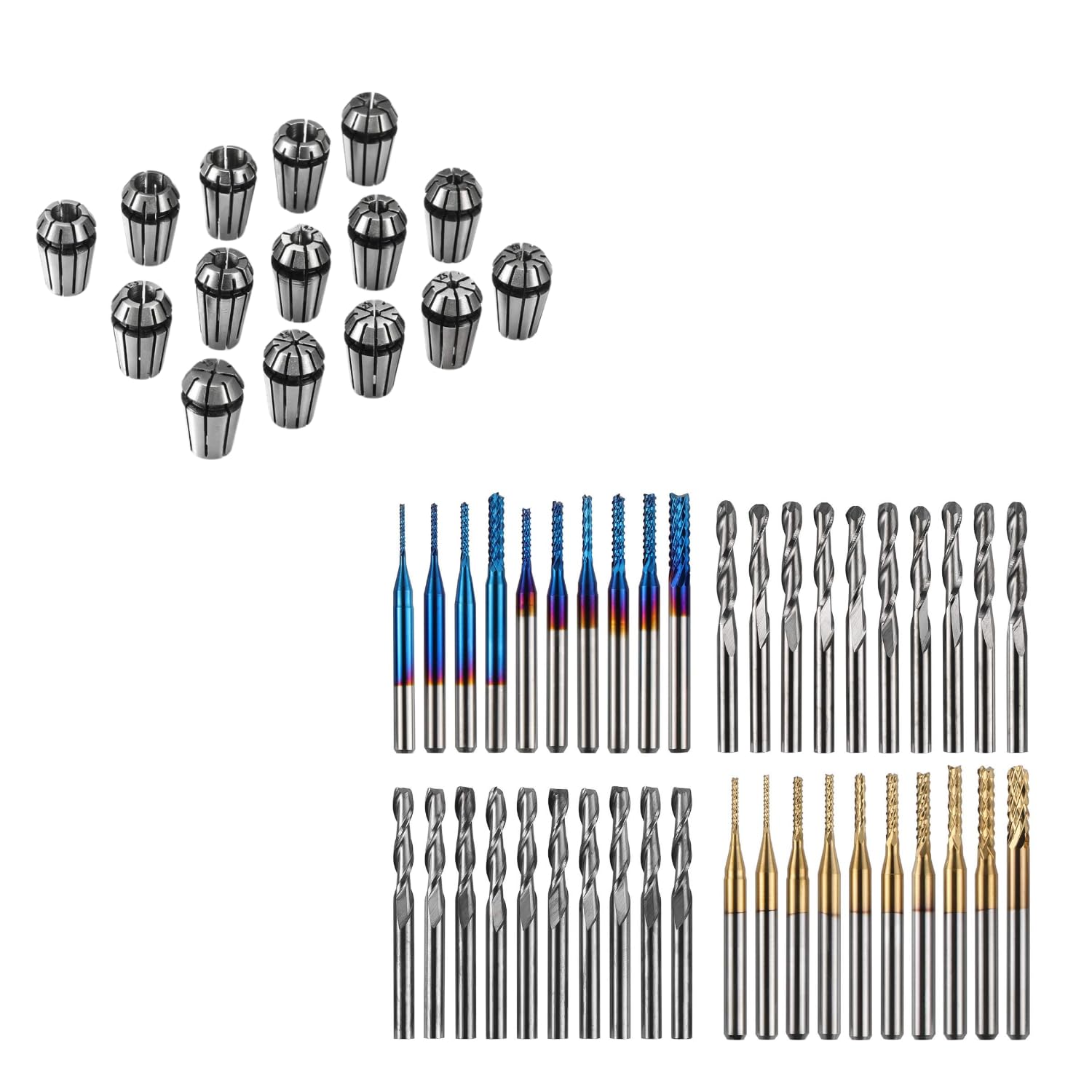 Genmitsu Lot de 40 fraises à bout CNC+ 15PCS ER11 Jeu de pinces de serrage | Avec 2 cannelures à nez plat et à nez boule, Nano Blue Coat et Titanium Coat CNC