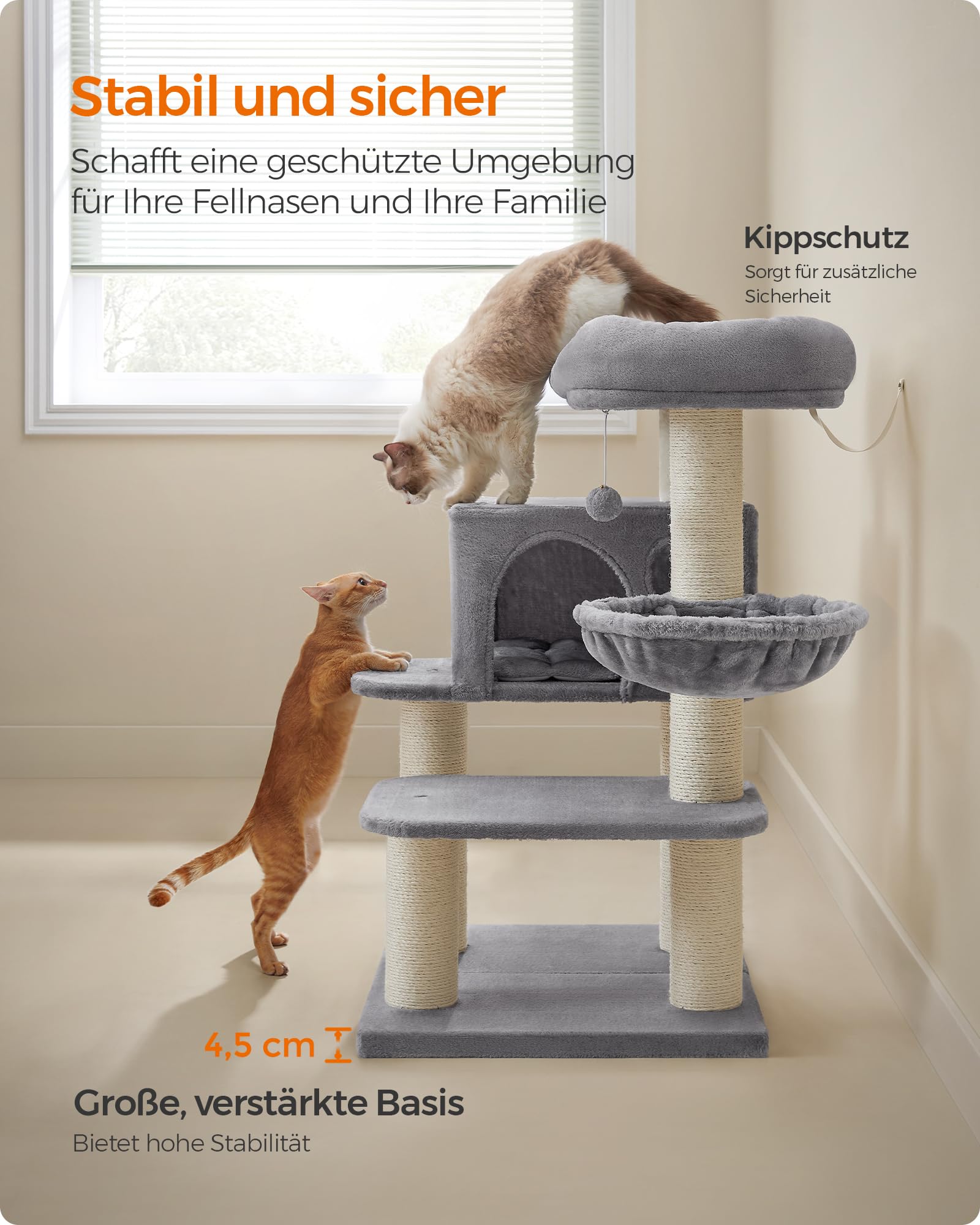 Feandrea Kratzbaum für große Katzen, XXL, hochbelastbar, Katzenturm mit 6 extra dicken Kratzsäulen, große Plattform, Höhle, Korb, flexibel aufbauen, abnehmbare, waschbare Kissen, hellgrau PCT01W