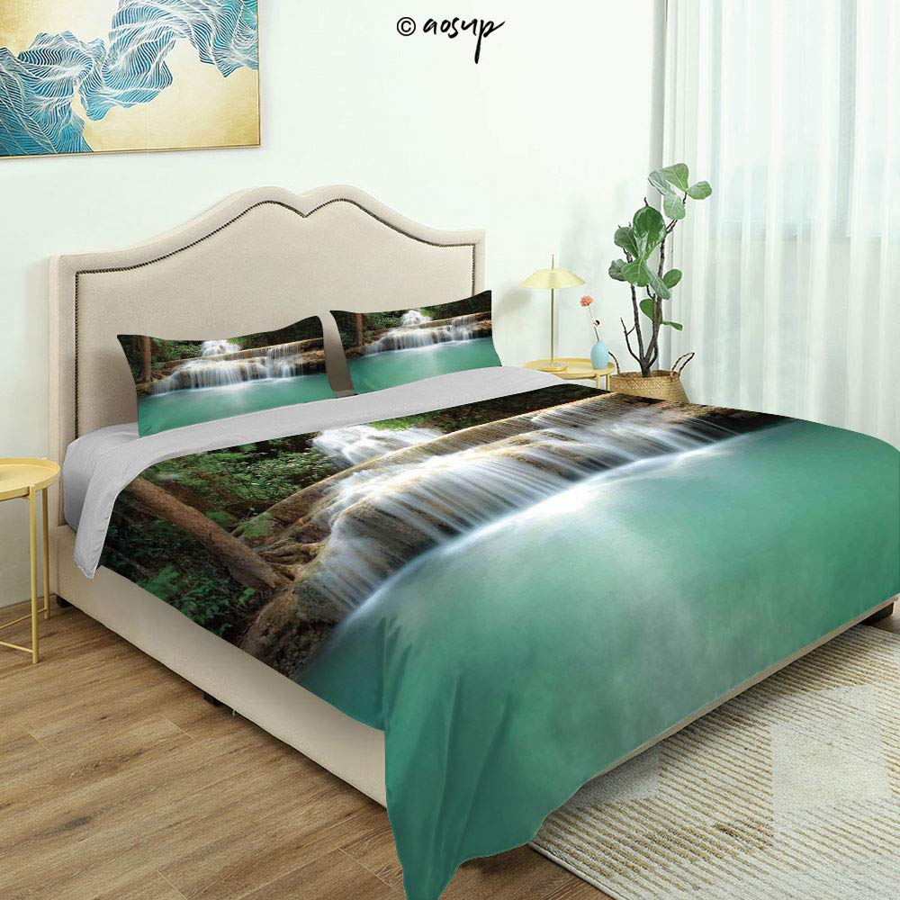 Homenon 3 Piece Bedding Set 3D Printed Quilts Cover with 2 Pillow Cover, Falling Stream Waterfall Natural Pond Thailand Vacation Theme Queen/King Size Bedding Sets (King)