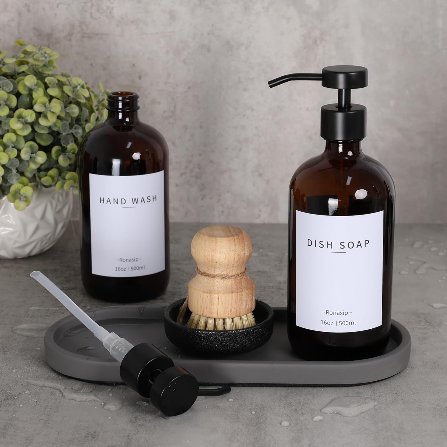 Set of 5 Kitchen Soap Dispenser Set 16 Oz Glass Hand Dish Soap Dispenser with Stainless Steel Pump, Cement Tray, Dish Scrub Brush for Farmhouse Rustic Home Bathroom Decor (Brown) - Image 6