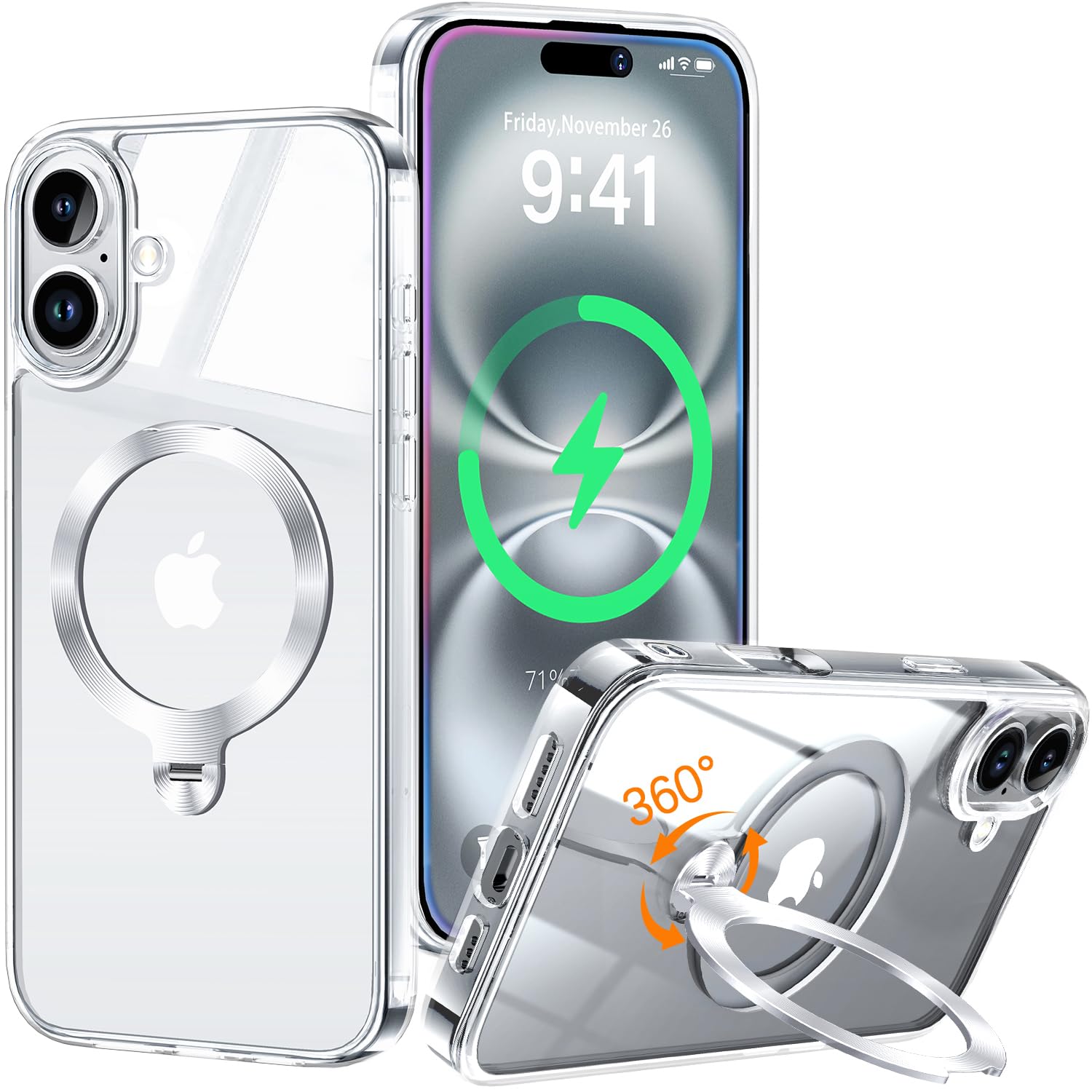 HaloArt 360° Girevole Supporto Magnetica Cover per iPhone 16 Plus [Stabile CD Anello Supporto per MagSafe] [N.1 Potenza Magnetica & Protezione Militare]Custodia Protettiva Antiurto Sottile,Trasparente