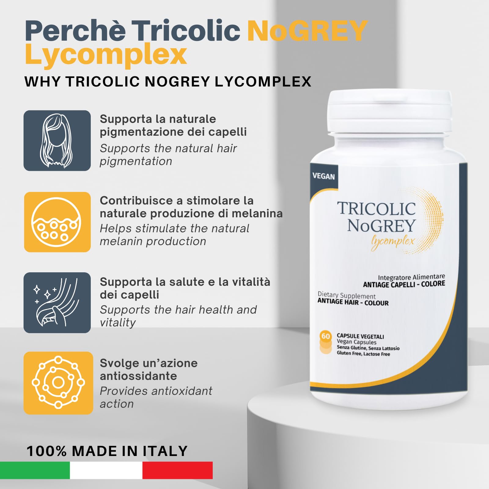 Tricolic NoGrey Lycomplex | Integratore Antigrigio e Antietà per Capelli | Sostiene la Naturale Colorazione dei Capelli | Con NMN, Resveratrolo, Rame e Biotina | 60 Capsule Vegetali