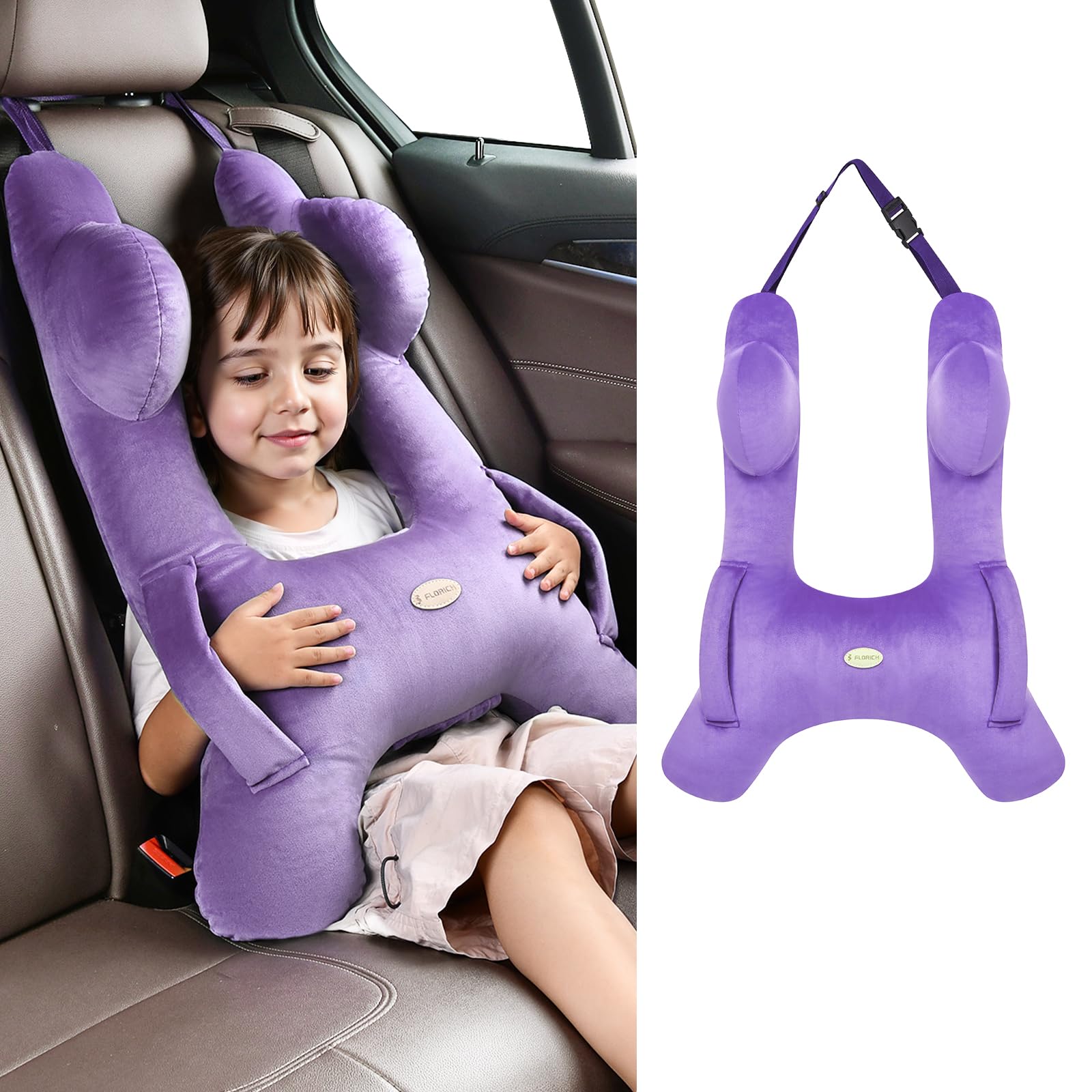FLORICH Kids Travel Pillow, Car Sleeping Travel Pillow for Kids, Washable H-Shaped Pillow for Adults and Children to Support Head and Body for Road Trips Pillow for Car (Purple)