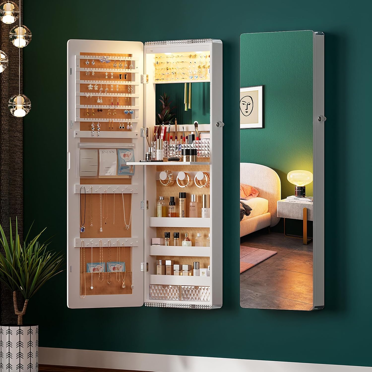 WOOVIVS LED Mirror with storage-47.2" Jewelry Cabinet with Lights, Over the Door Jewelry Organizer with Drawer, Lockable Wall Mount Jewelry Armoire, Girls Full Length Mirror-White