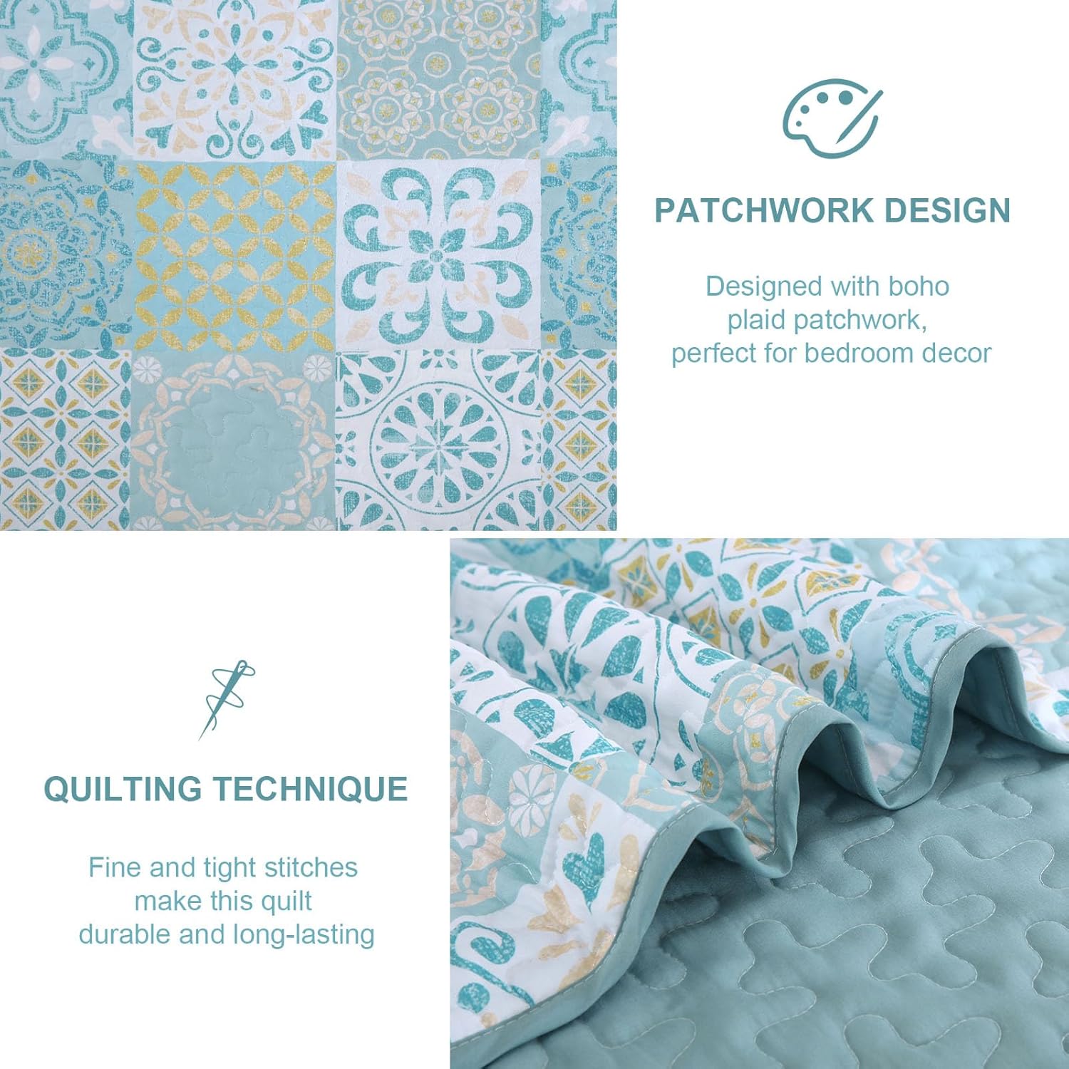 Dobuyly Patchwork Quilt Set Queen Size, Aqua Blue Boho Summer Bedspreads Coverlet Set, 3 Pieces Soft Lightweight Microfiber Quilt Bedding Set for All Seasons 96"x90" - Image 5