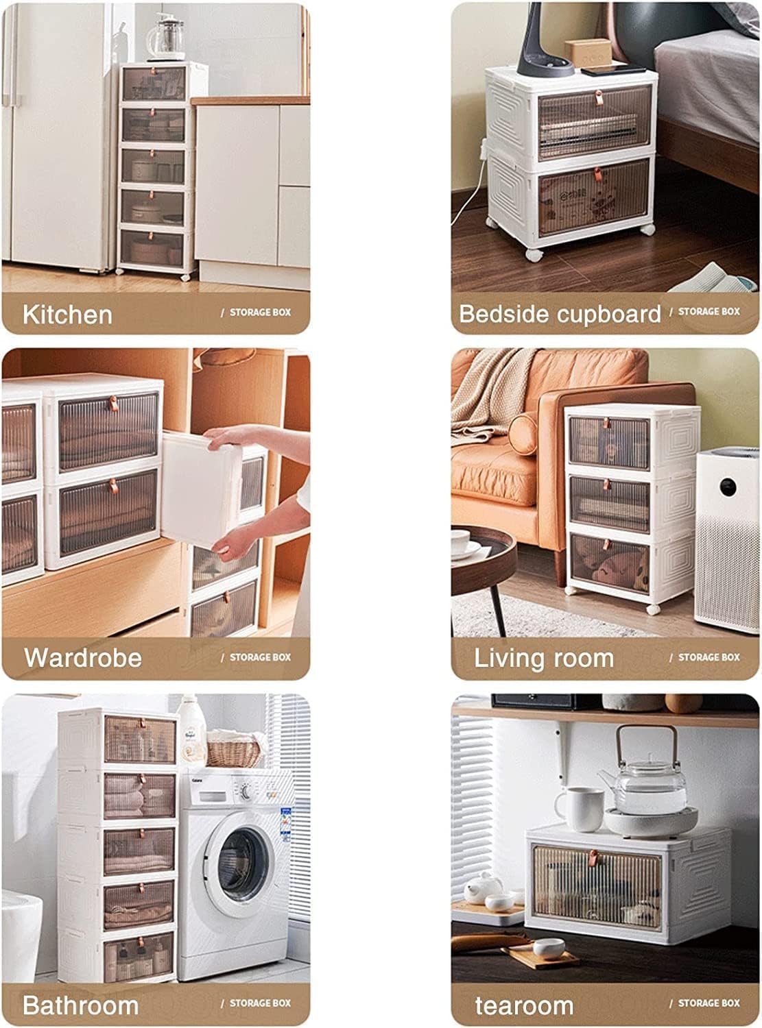 Contenitore Antipolvere 3 Ripiani Su Ruote - Organizer Per Libri, Giocattoli, Scarpe E Cosmetici, Bianco/Marrone - Foto 11