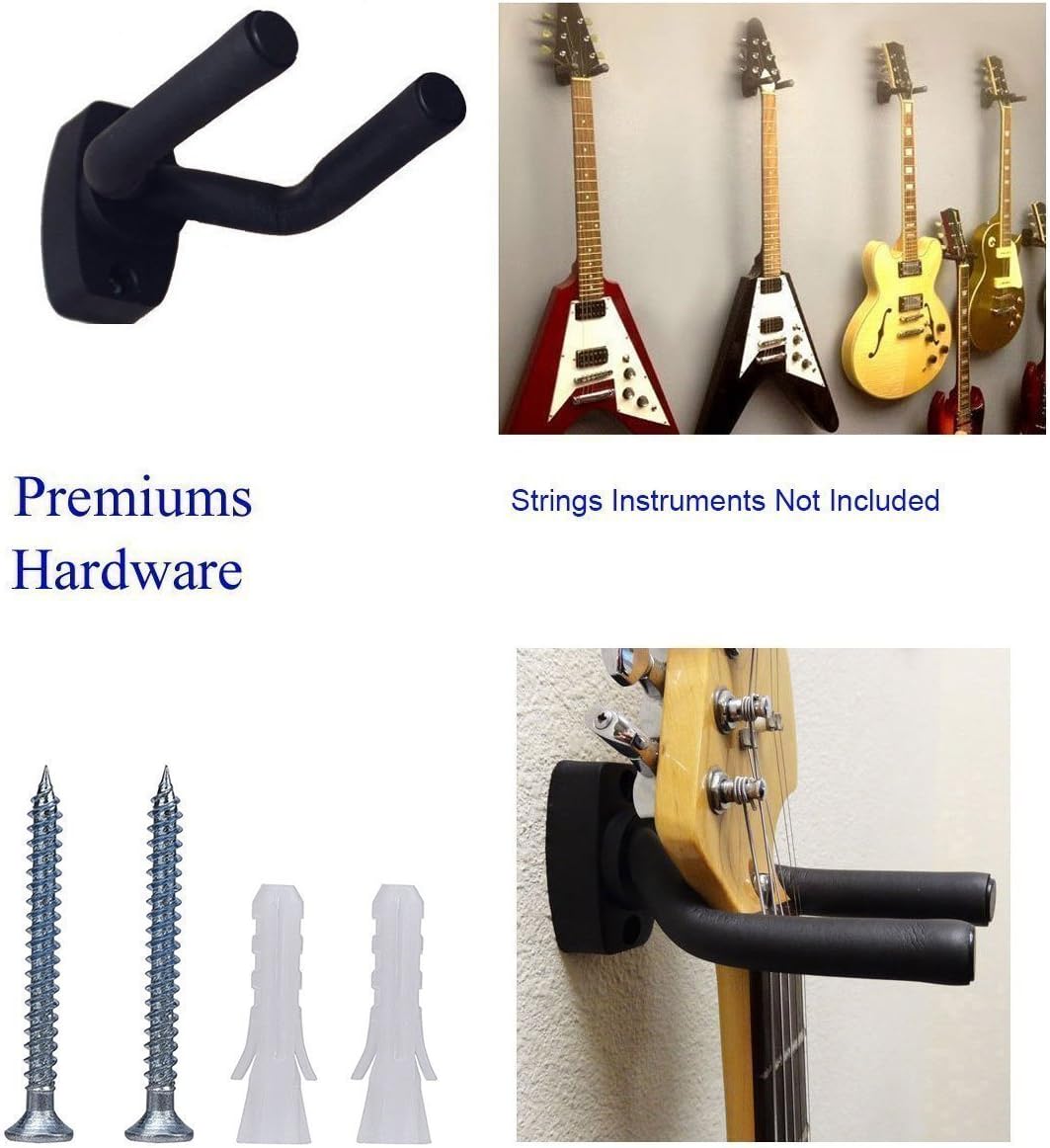 Guitar Mount Wall Hanger Stand Ukulele Wall Hook Keep Holder Mount Display 4 Pack with Guitar Picks Violin Wall Stand Mandolin Rack Bracket Bass Accessories Easy To Install(5 pack guitar picks)