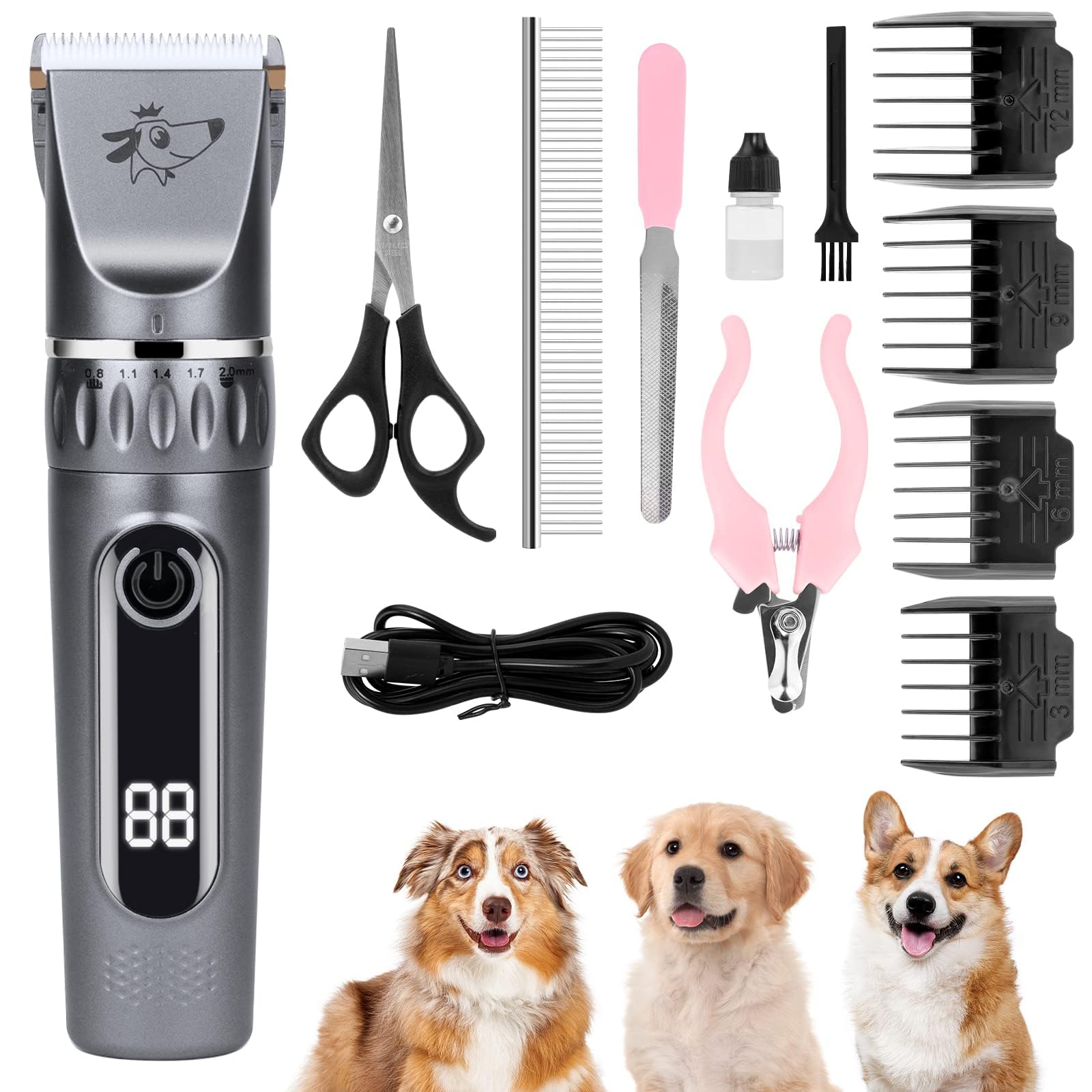 Cortadora de Pelo para Perros, 13 Pcs Kits de Cortapelos para Perros y Gatos, La Pantalla LCD Muestra la Capacidad Batería,Cortapelos para Mascotas Bajo Ruido,Cortapelos Profesional para Perros