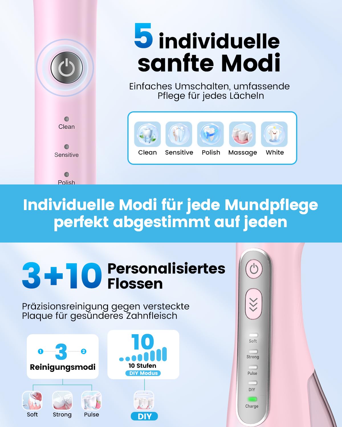 Set di pulizia orale 2 in 1, filo interdentale ad acqua e spazzolini elettrici sonici (rosa)