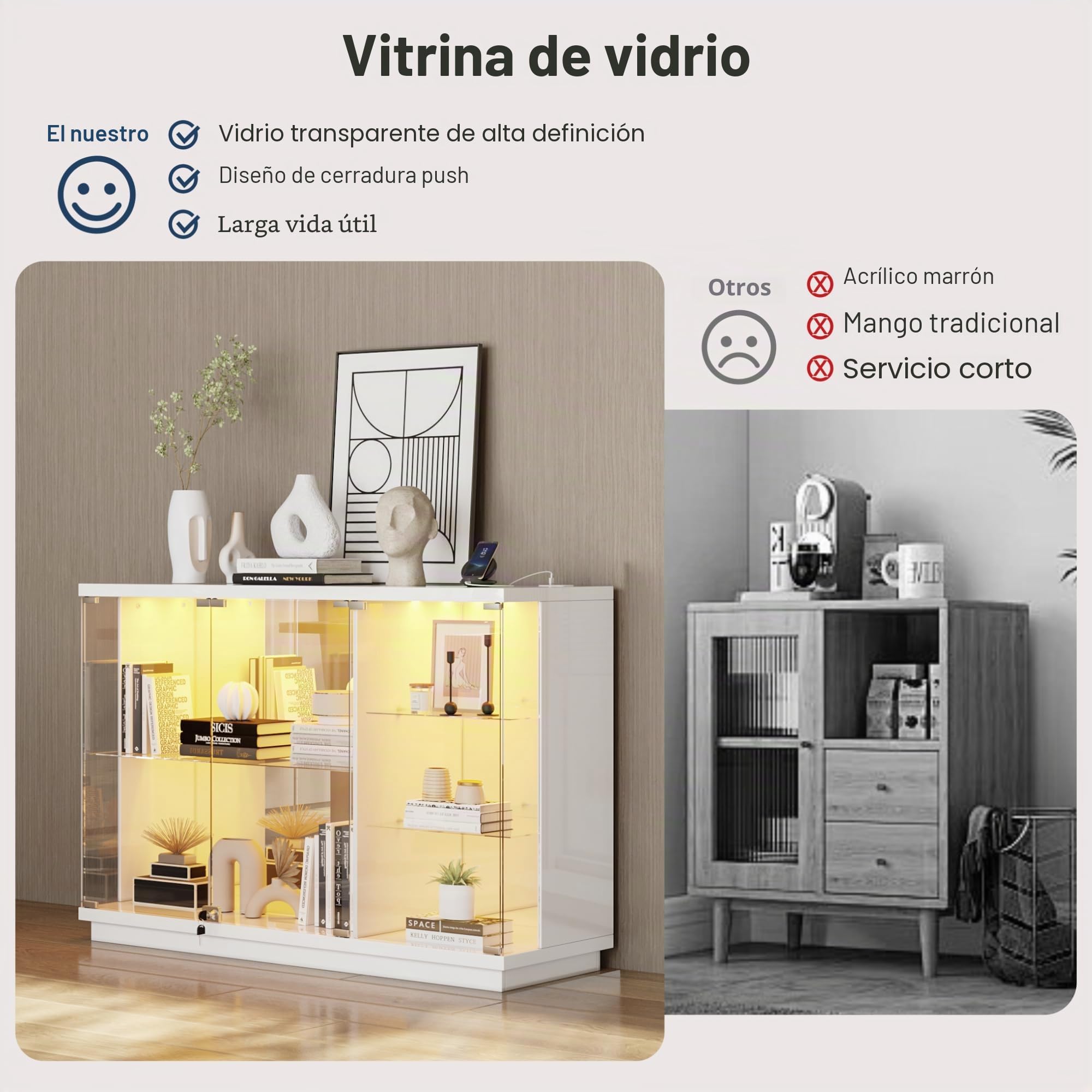 Lvifur Vitrina de cristal con iluminación LED y puertas de cristal, armario de vitrina de cristal, gabinete con sensor inteligente, vitrina de madera de 3 capas, resistente al polvo para salón